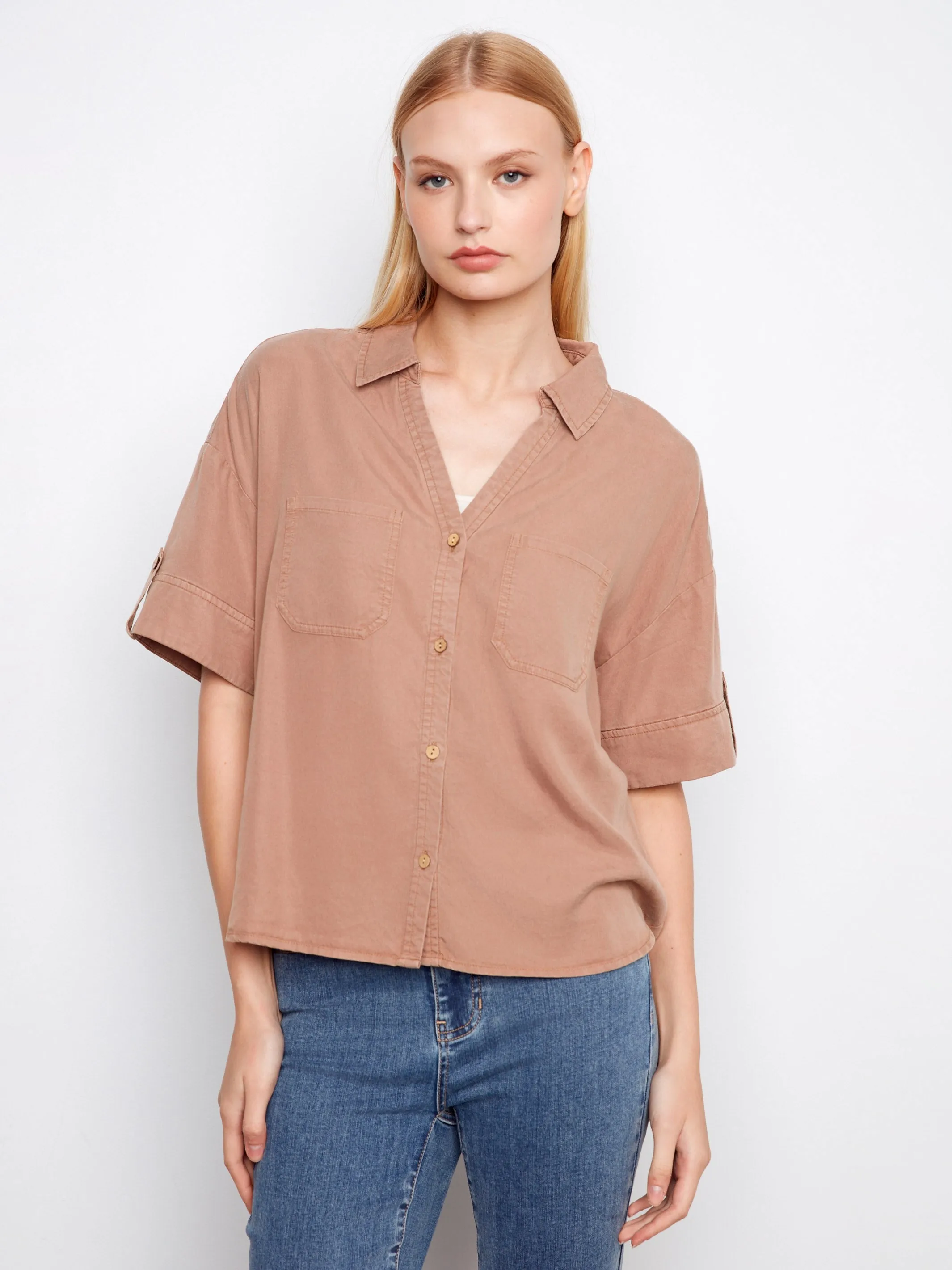 Short Sleeve Button-Front Tencel Shirt - Desert sold by Charlie B