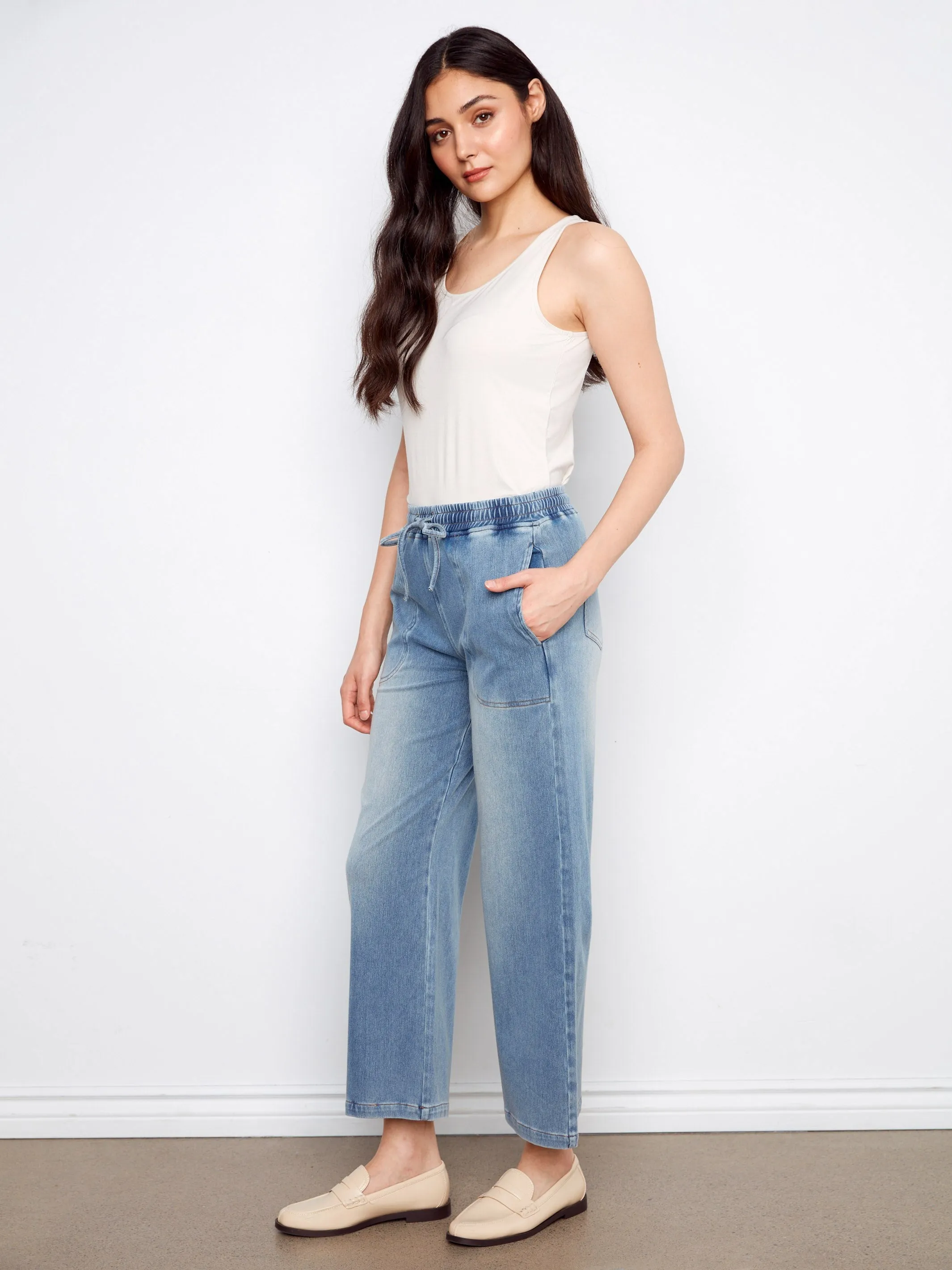 Knit Denim Wide Leg Jogger Pants - Medium Blue sold by Charlie B product image thumbnail 3