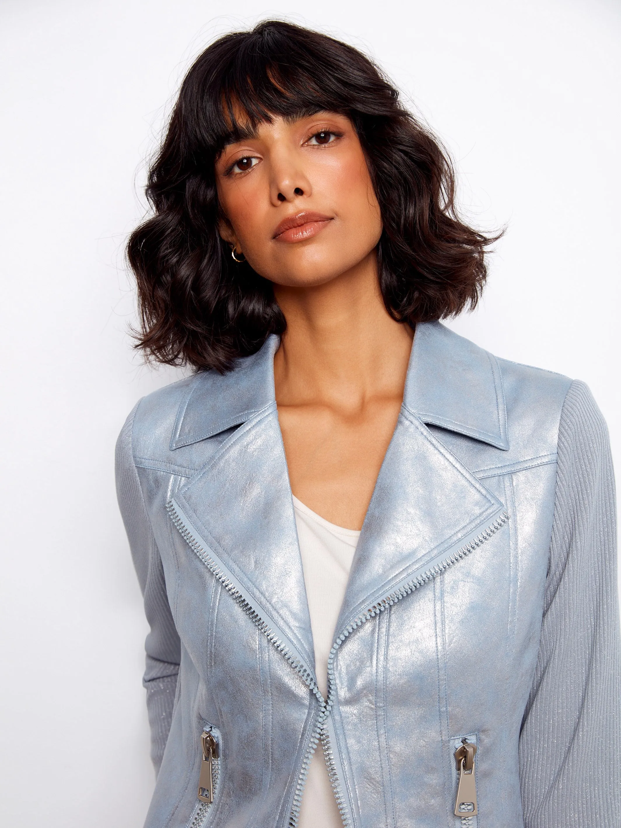 Foiled Faux Leather and Rib Knit Jacket - Haze sold by Charlie B product image thumbnail 3