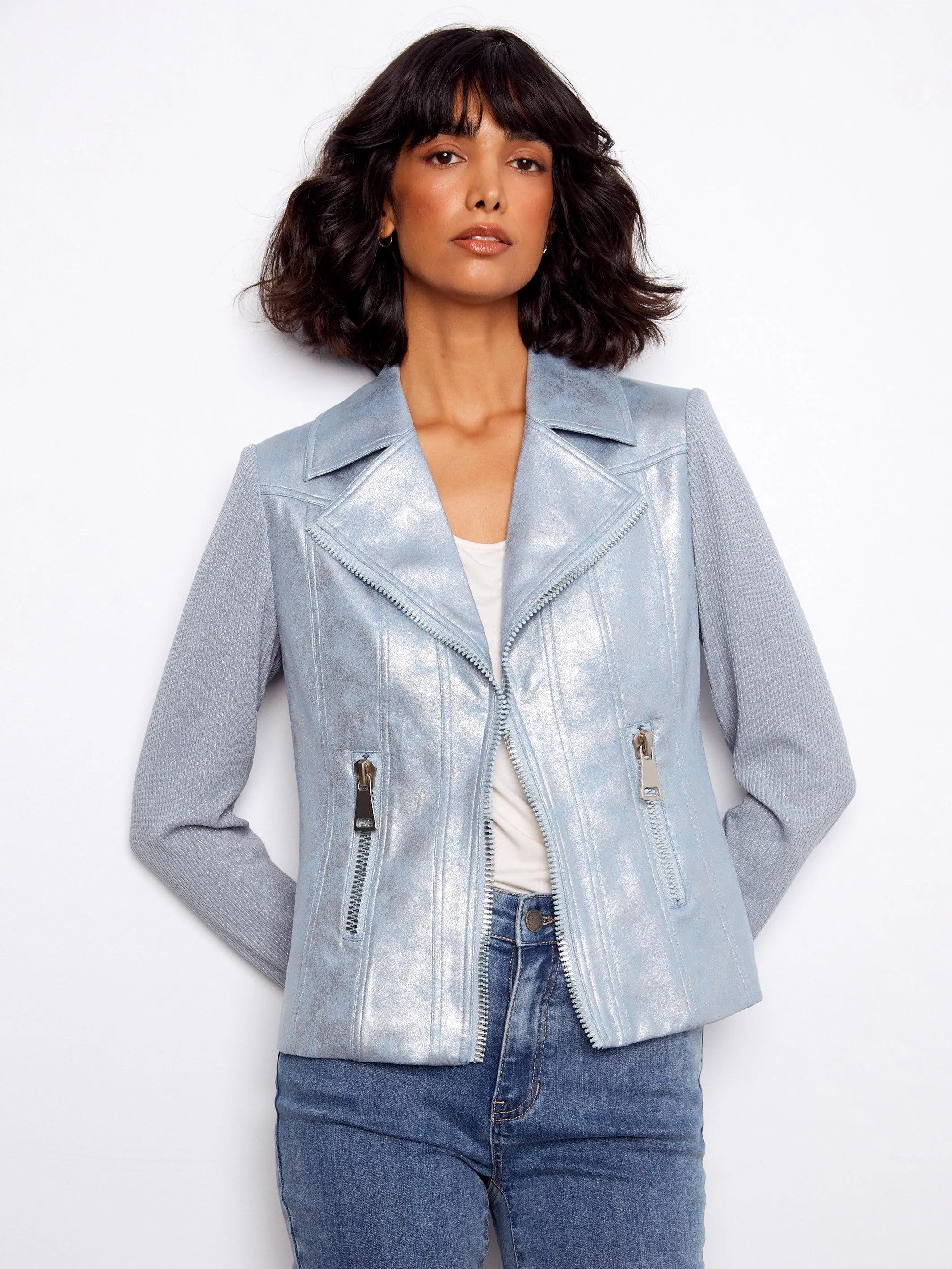 Foiled Faux Leather and Rib Knit Jacket - Haze sold by Charlie B product image thumbnail 4