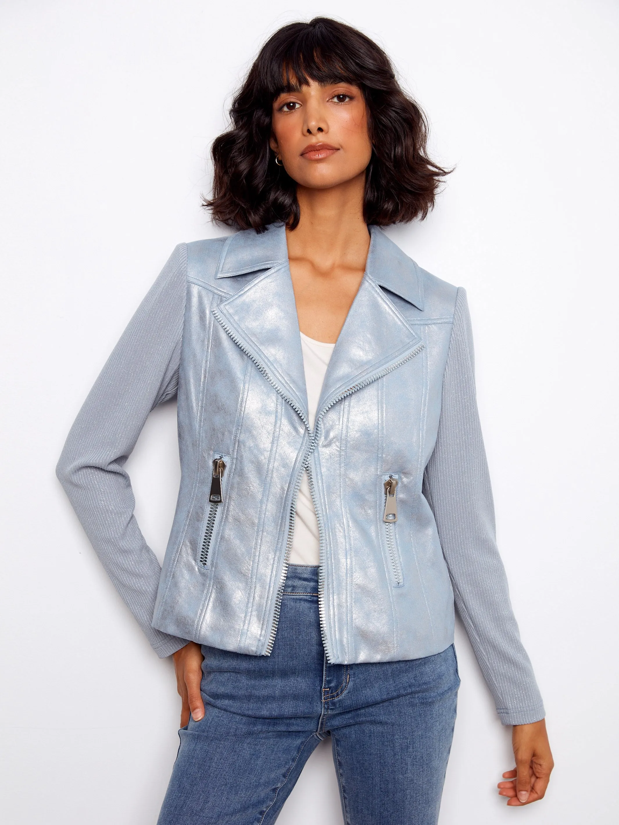 Foiled Faux Leather and Rib Knit Jacket - Haze sold by Charlie B