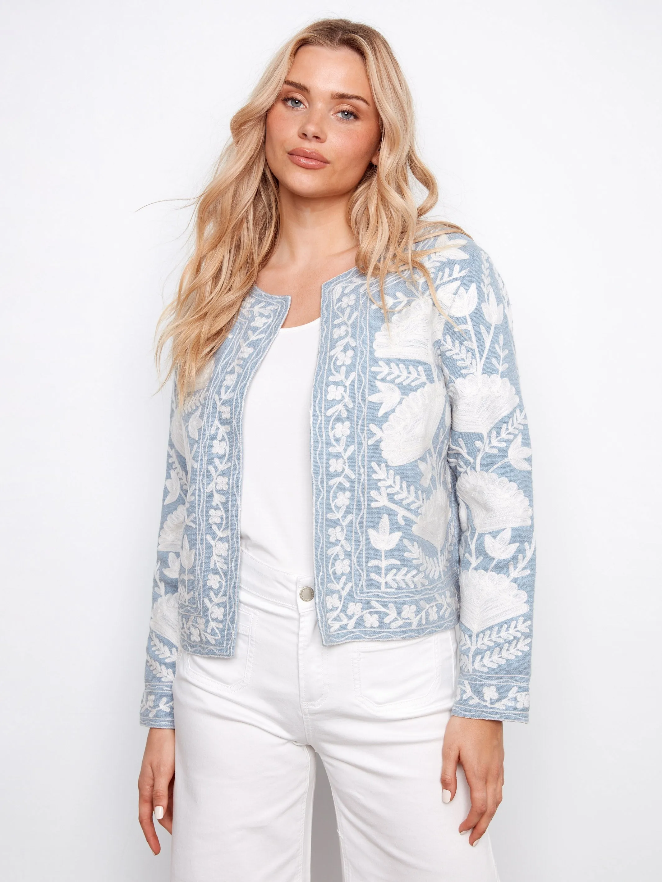 Embroidered Open Front Jacket - Scarlet sold by Charlie B