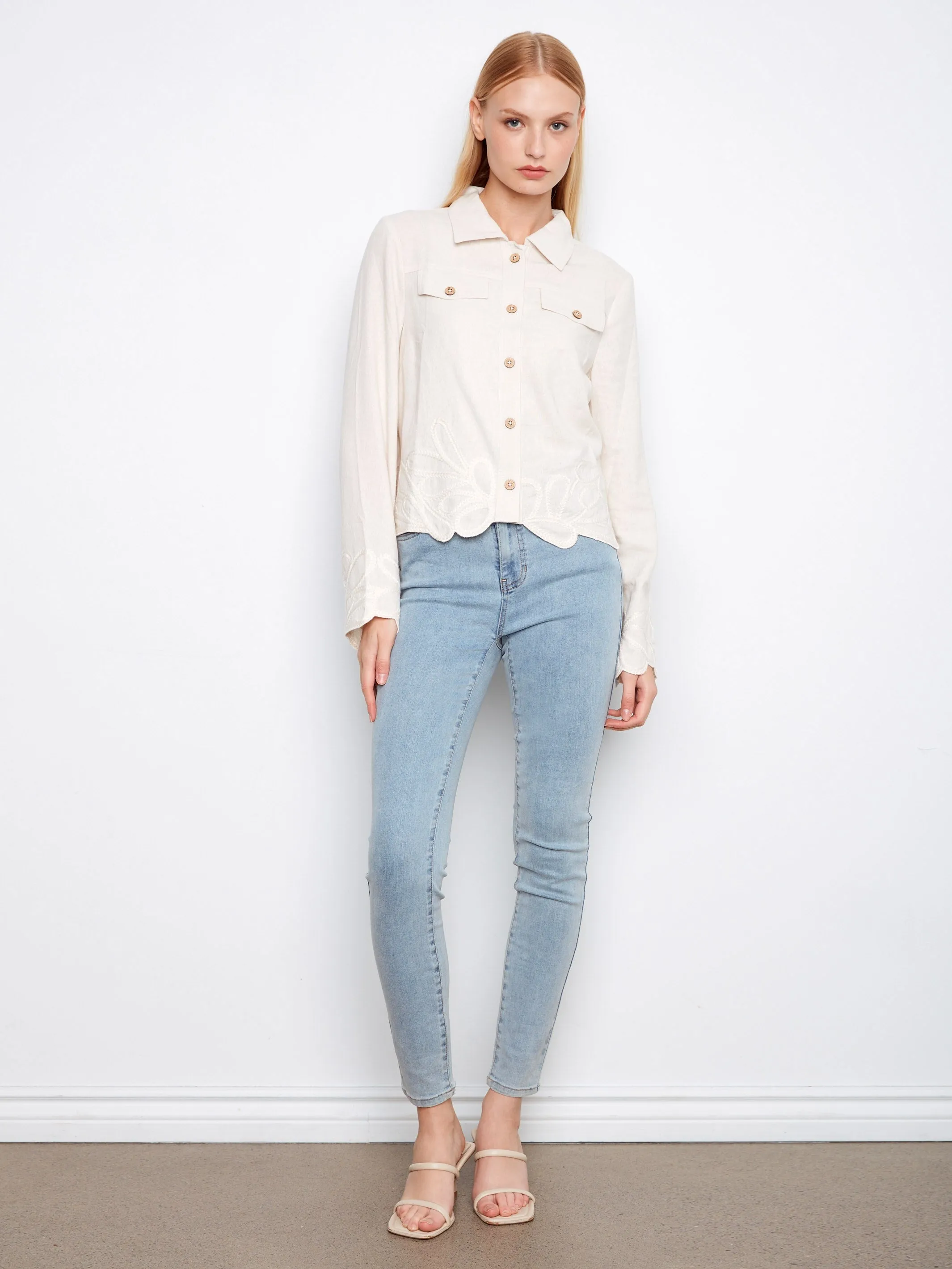 Embroidered Hem Linen Blend Jacket - Natural sold by Charlie B product image thumbnail 2