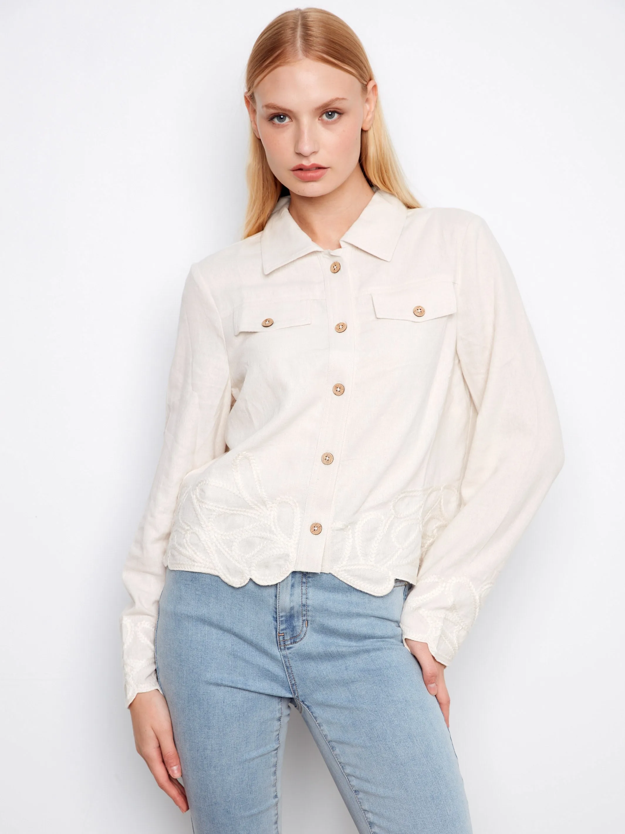 Embroidered Hem Linen Blend Jacket - Natural sold by Charlie B