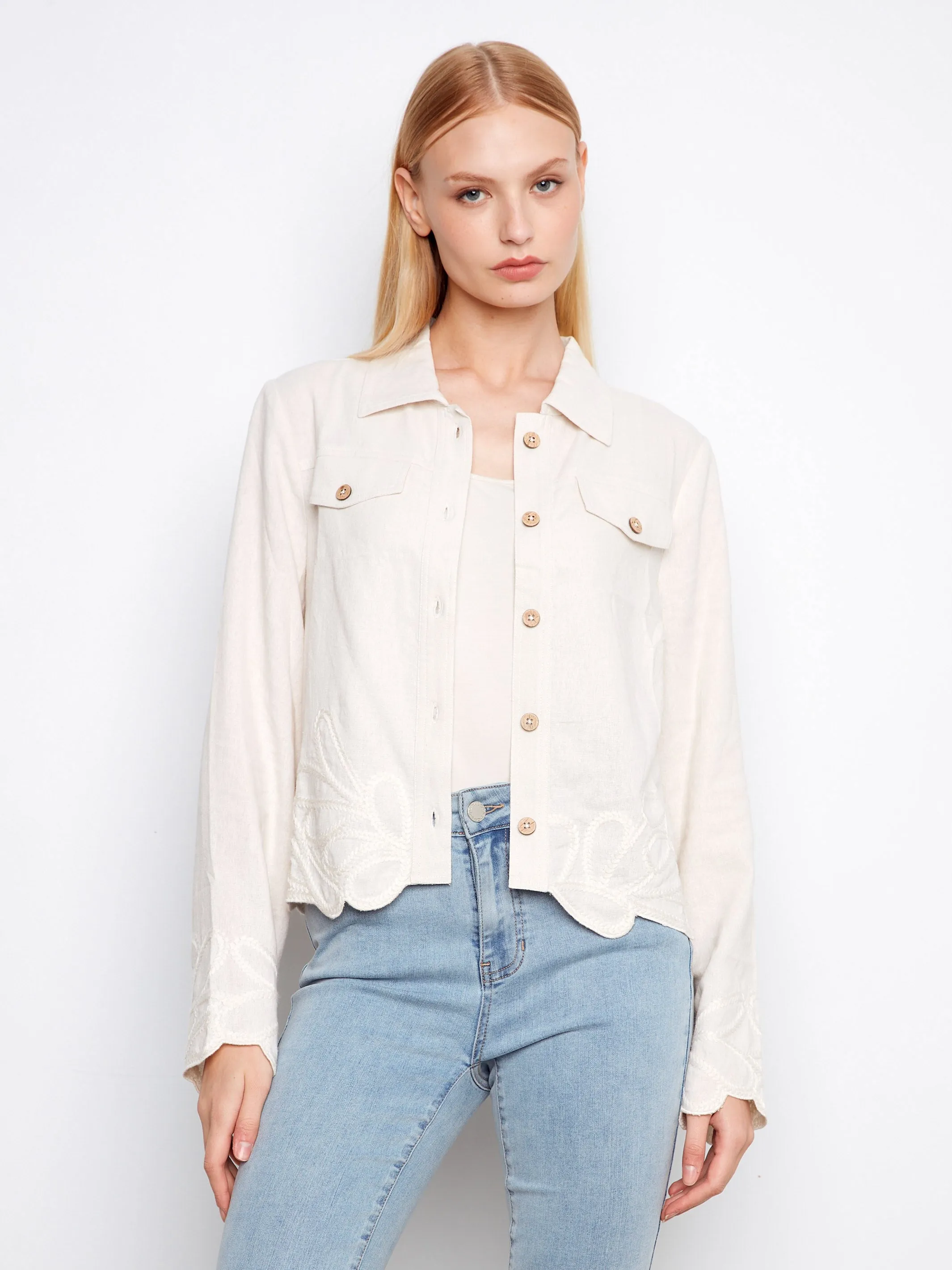 Embroidered Hem Linen Blend Jacket - Natural sold by Charlie B product image thumbnail 3