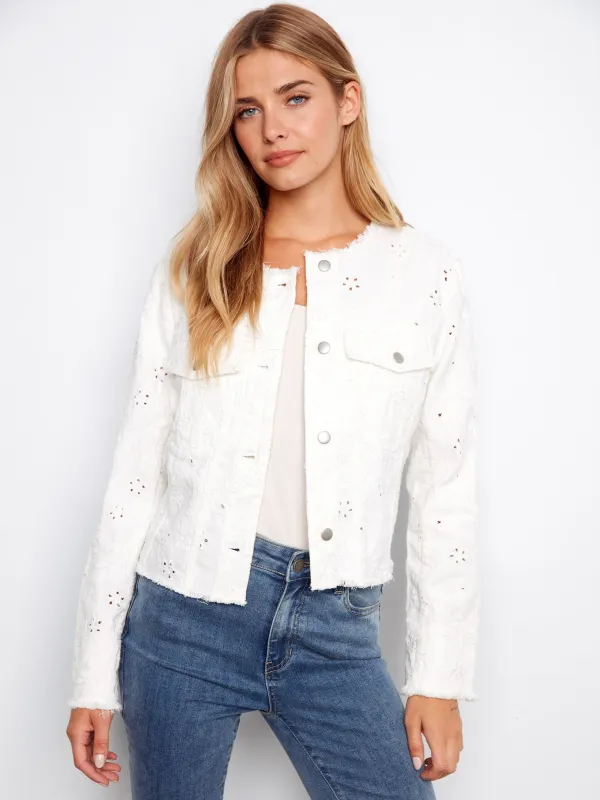 Eyelet Stretch Denim Jacket - White made by Charlie B