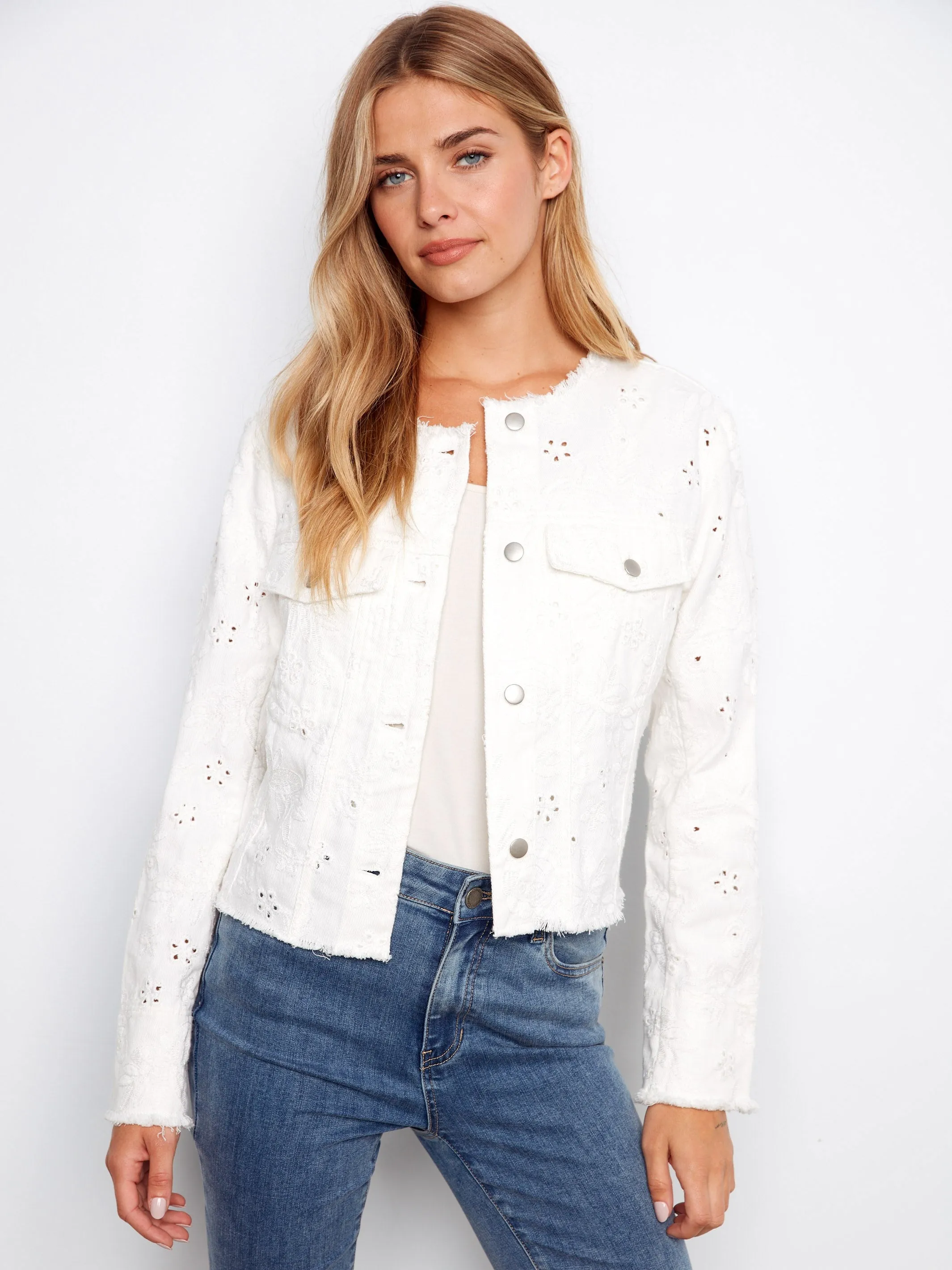 Eyelet Stretch Denim Jacket - White sold by Charlie B