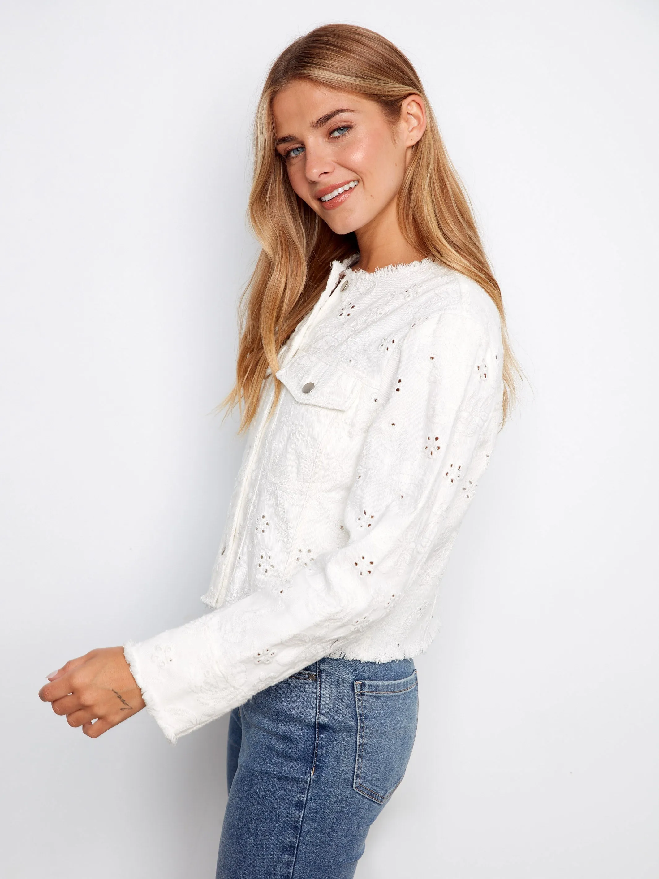 Eyelet Stretch Denim Jacket - White sold by Charlie B product image thumbnail 5