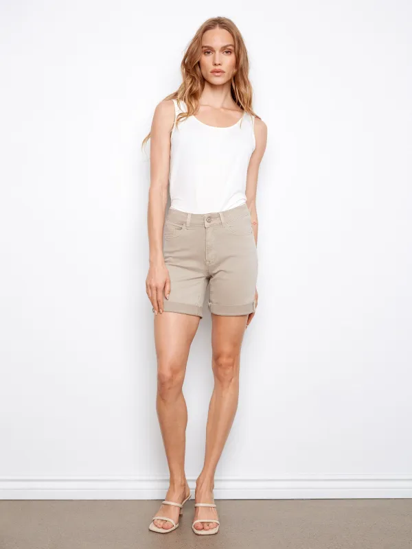 Rolled Cuff Twill Shorts - Greige sold by Charlie B