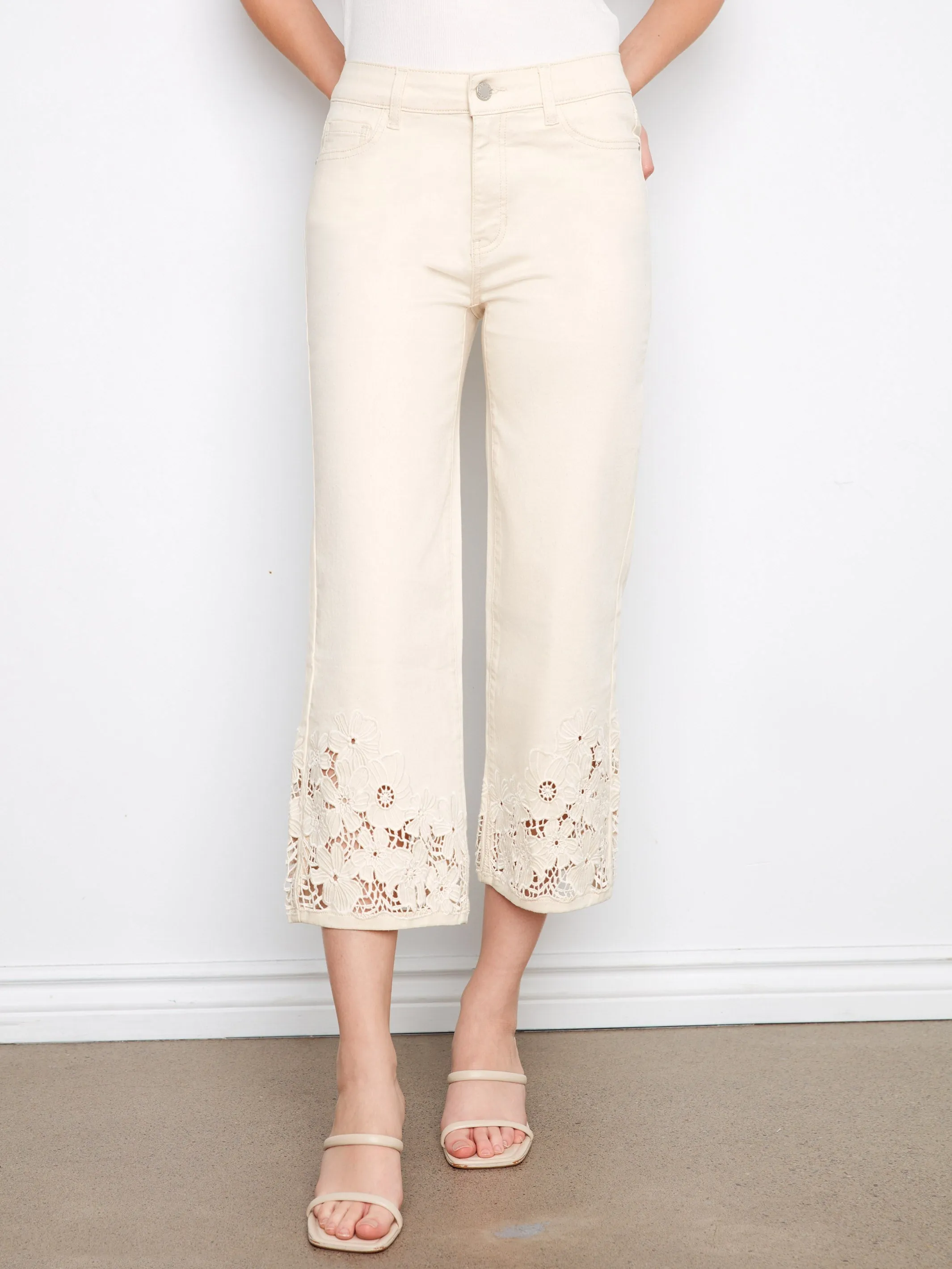 Cropped Flare Twill Jeans With Floral Lace Hem - Natural sold by Charlie B product image thumbnail 3