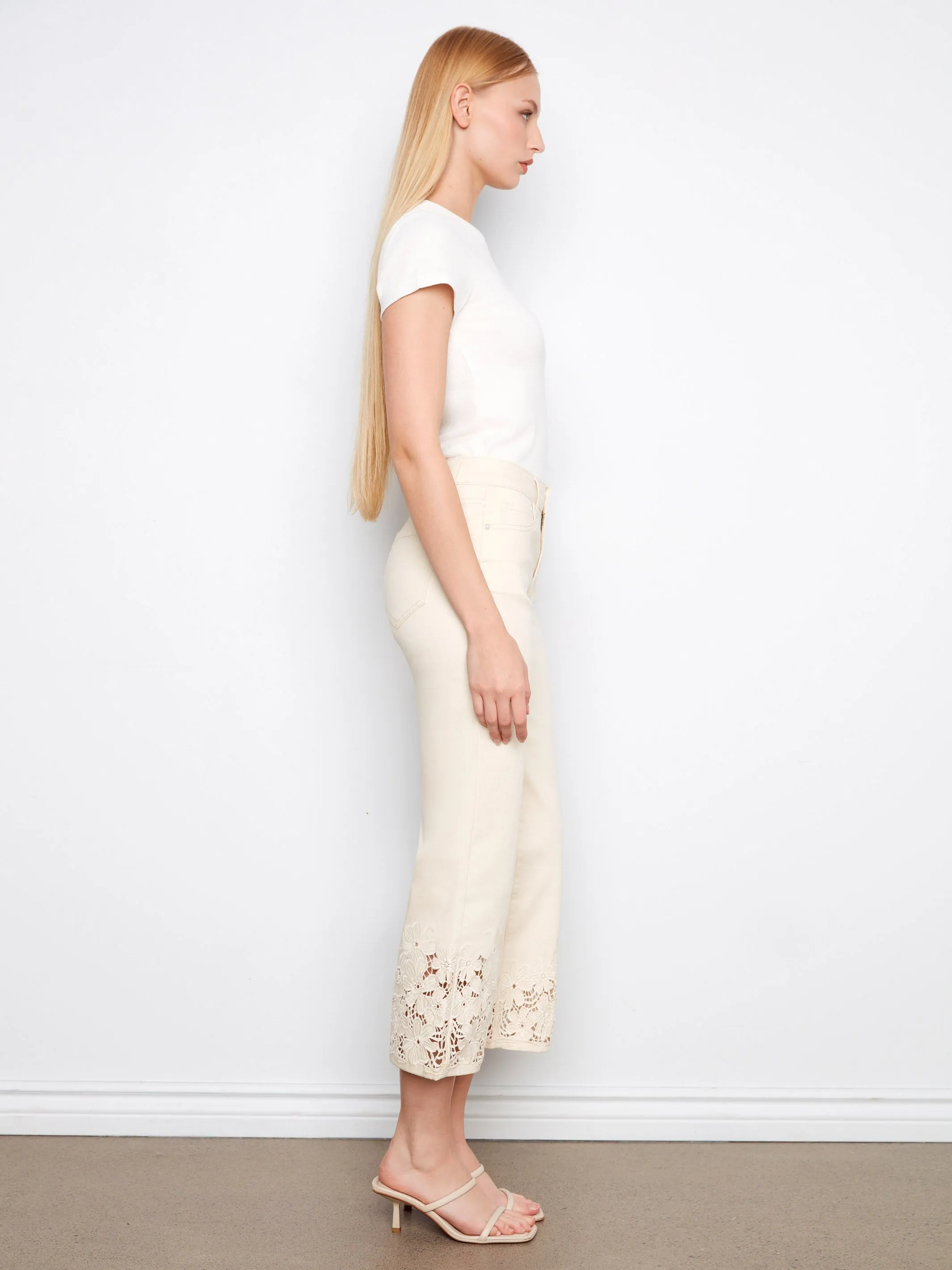 Cropped Flare Twill Jeans With Floral Lace Hem - Natural sold by Charlie B product image thumbnail 4