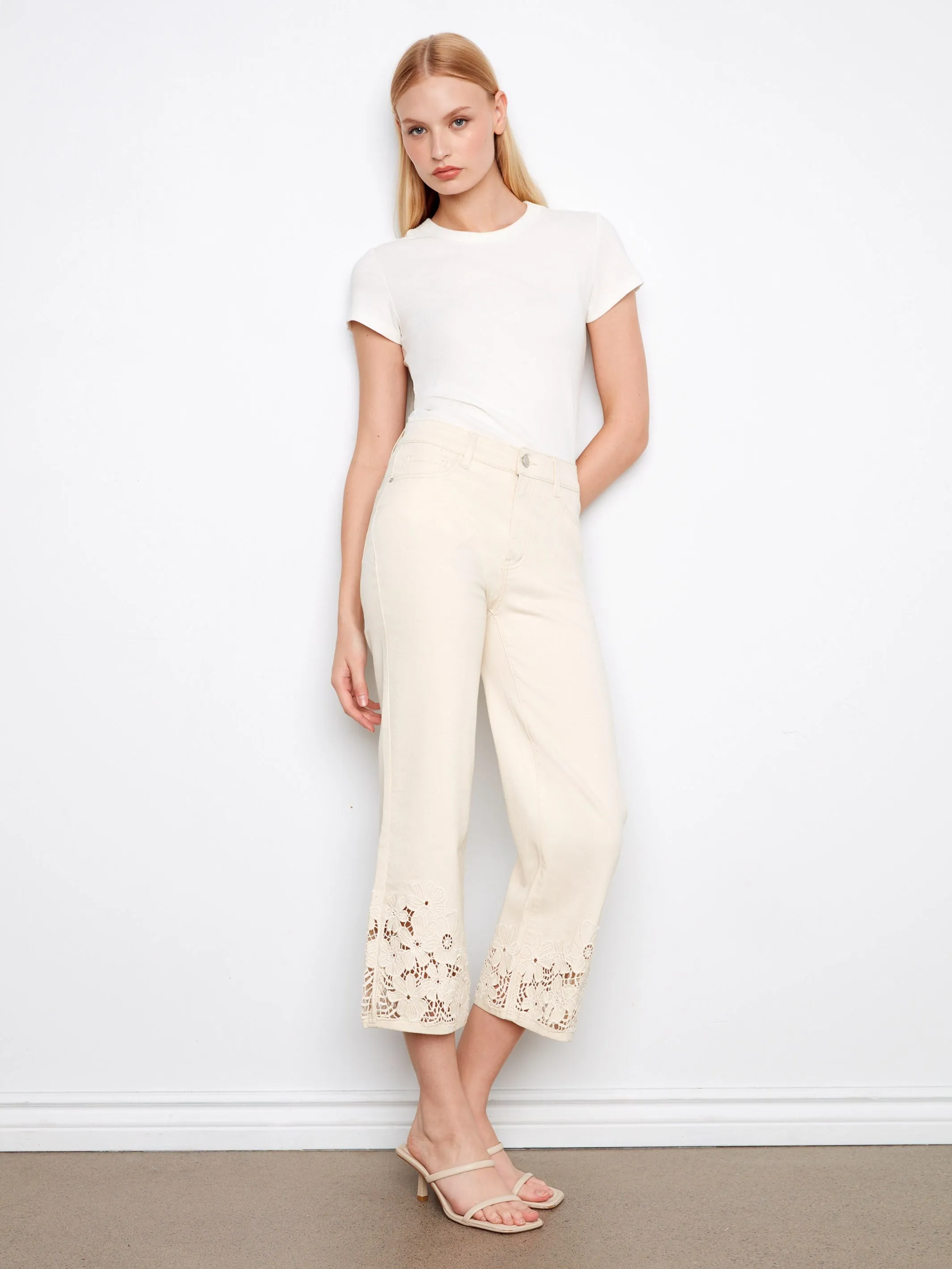 Cropped Flare Twill Jeans With Floral Lace Hem - Natural sold by Charlie B