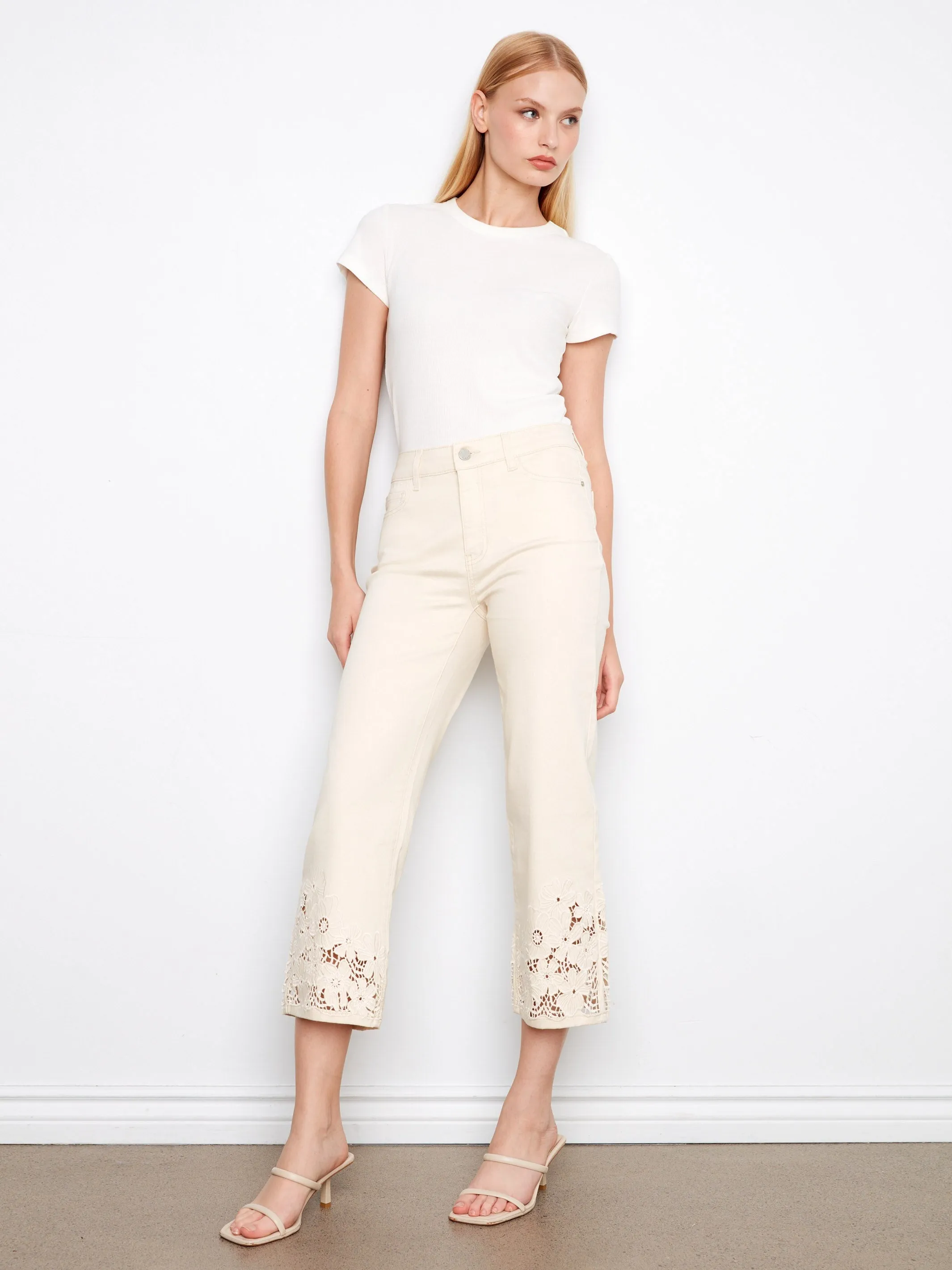 Cropped Flare Twill Jeans With Floral Lace Hem - Natural sold by Charlie B product image thumbnail 5