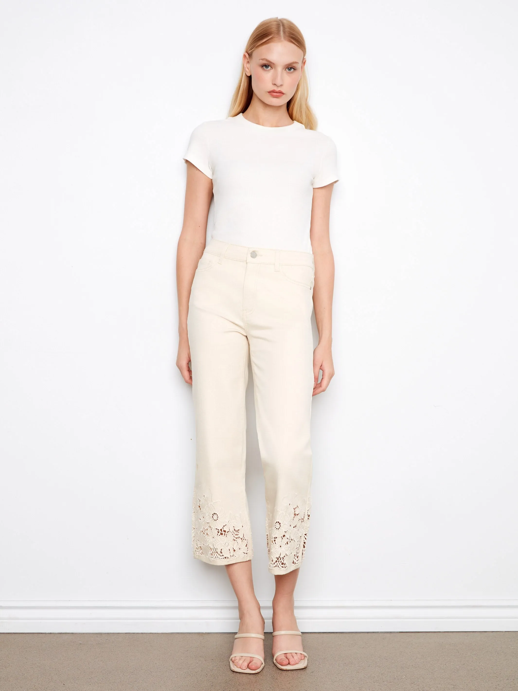 Cropped Flare Twill Jeans With Floral Lace Hem - Natural sold by Charlie B product image thumbnail 2