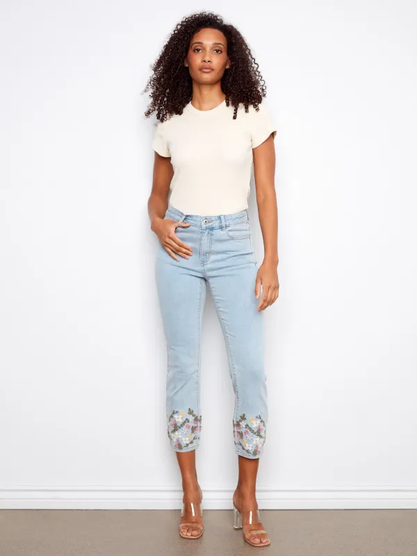 Cropped Slim Jeans with Embroidery - Light Blue made by Charlie B