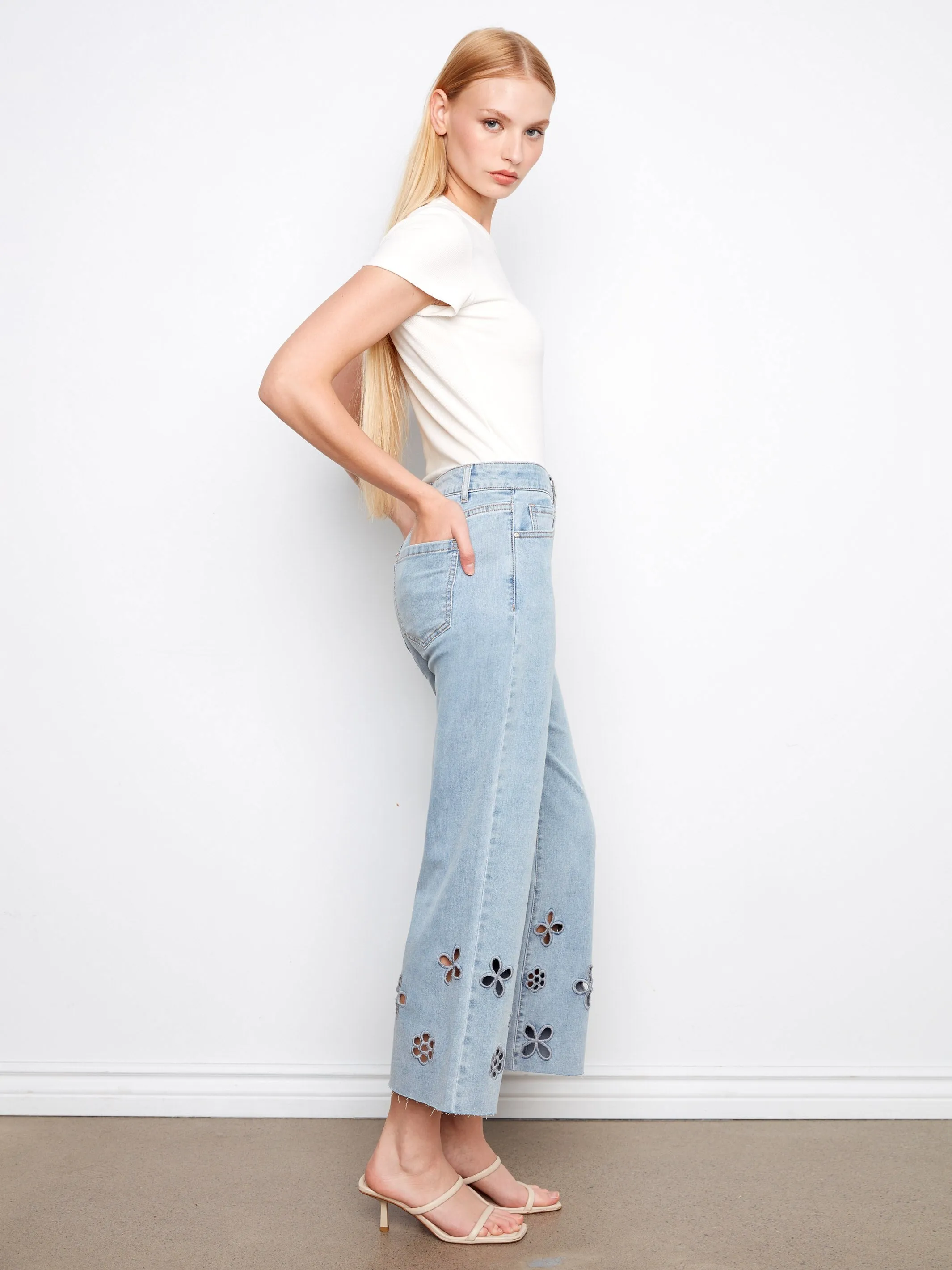 Floral Cutout Wide Leg Jeans - Light Blue sold by Charlie B product image thumbnail 3