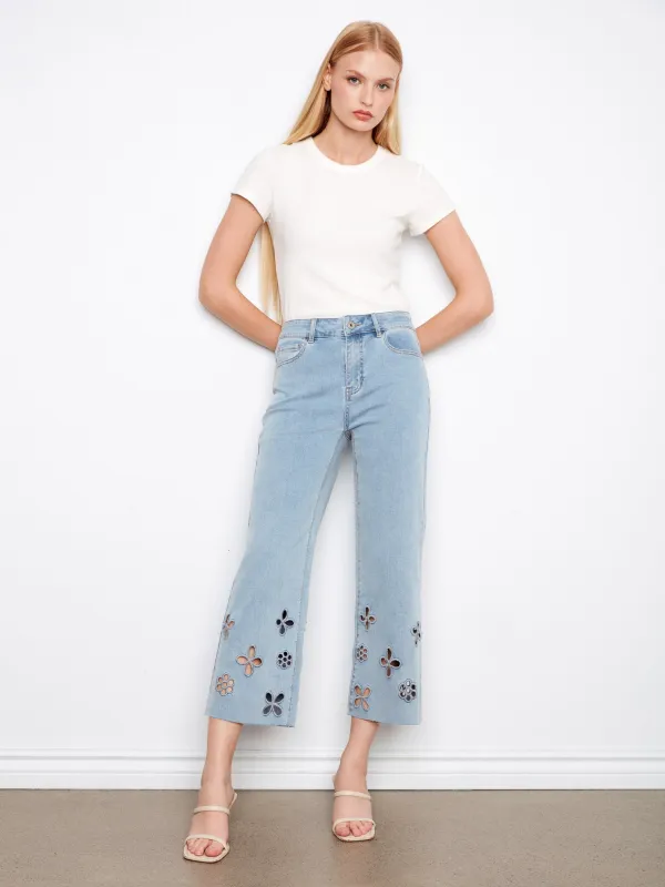 Floral Cutout Wide Leg Jeans - Light Blue made by Charlie B