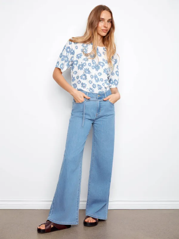 Belted Wide Leg Jeans - Light Blue made by Charlie B
