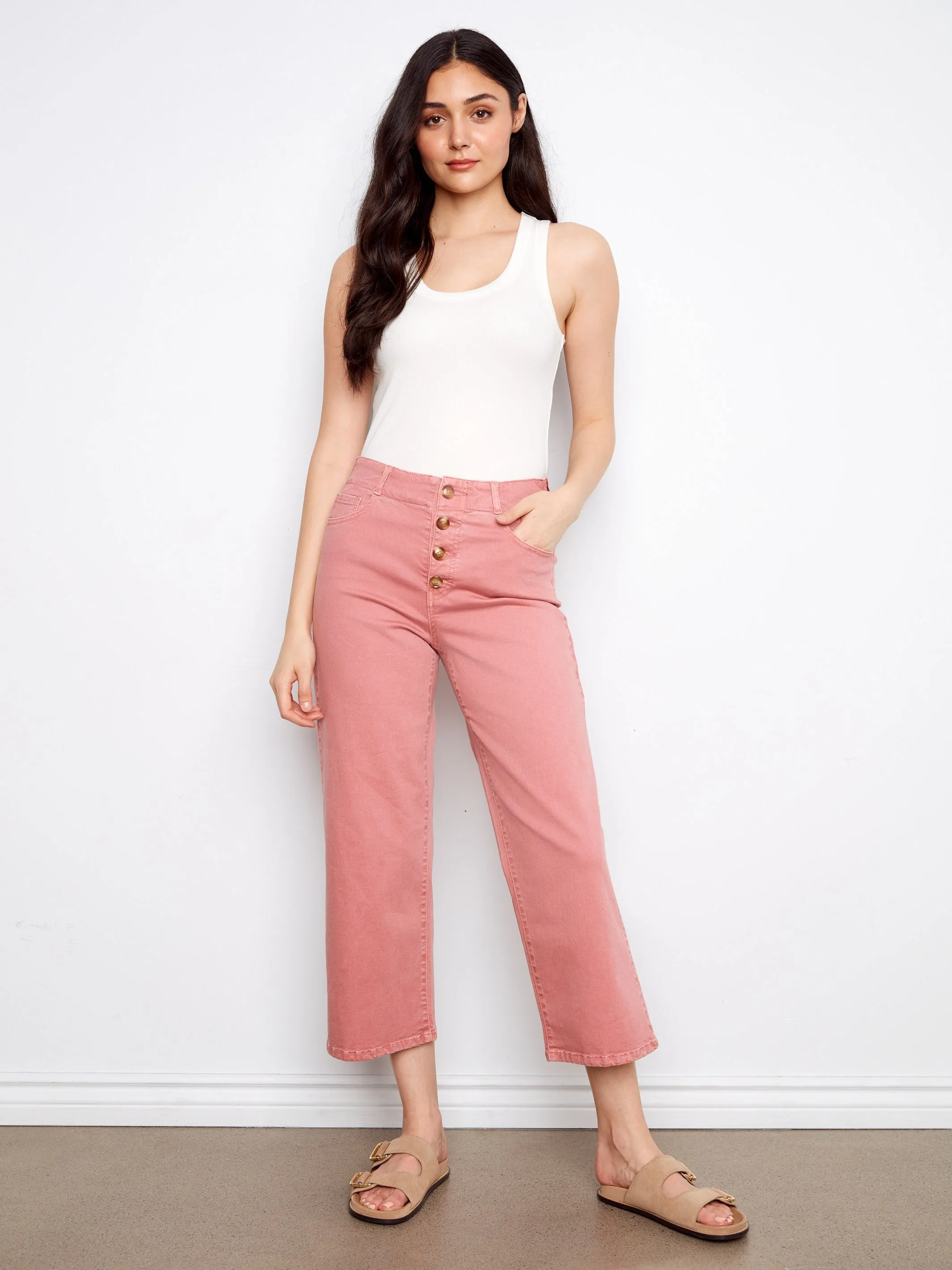 Front Button-Fly Crop Twill Pants - Carnation sold by Charlie B