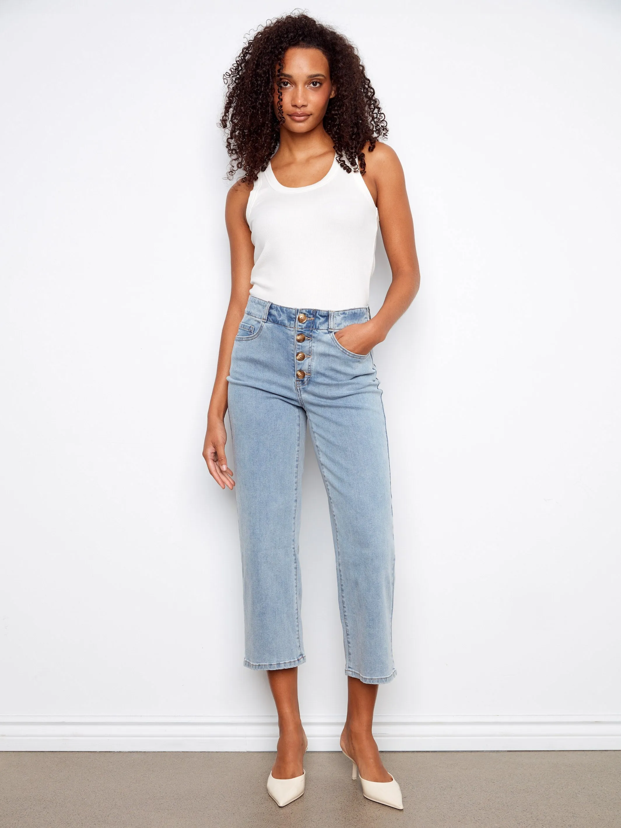 Front Button-Fly Crop Jeans - Light Blue sold by Charlie B