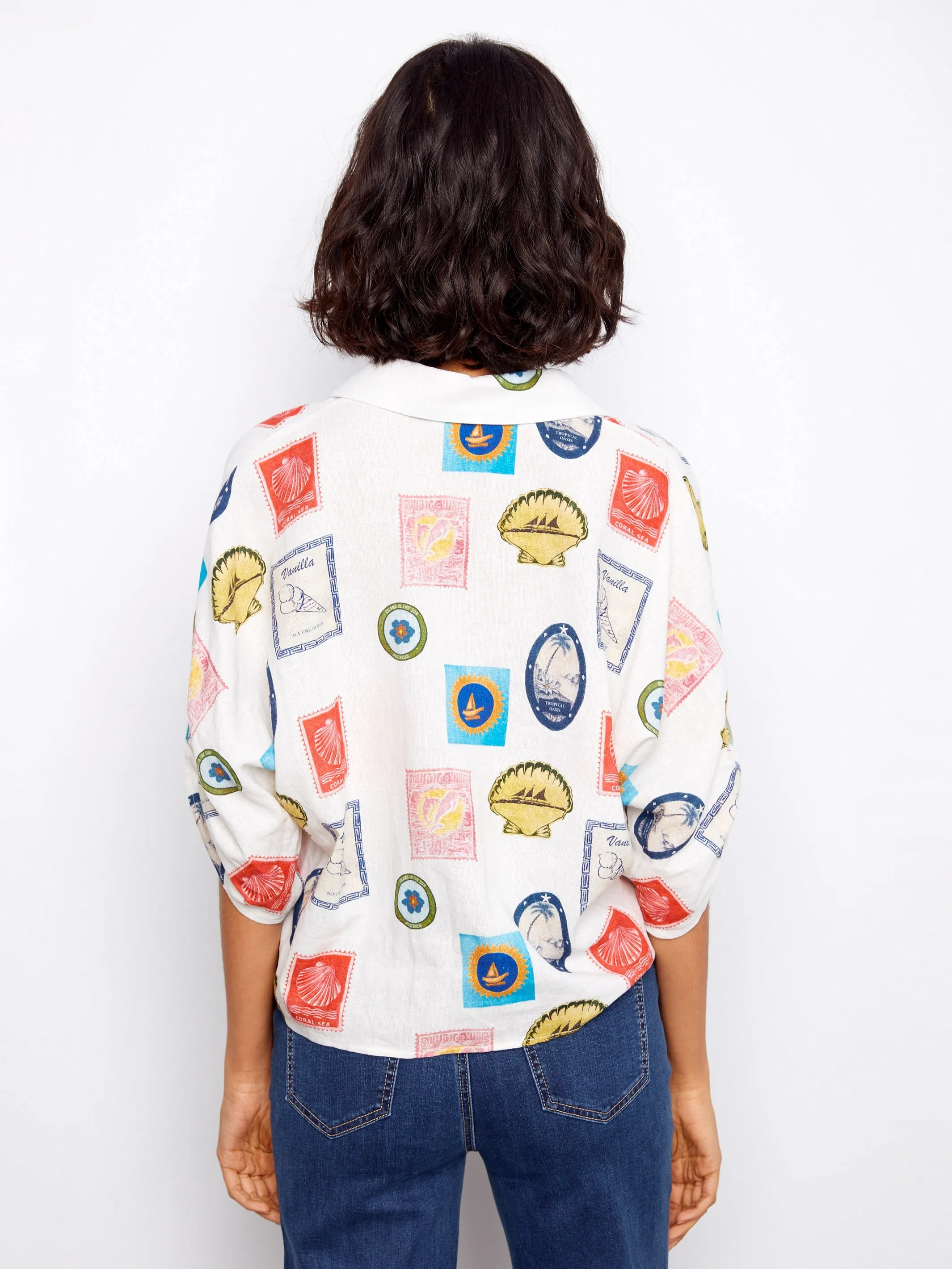 Printed Linen Blend Front-Tie Blouse - Postcard sold by Charlie B product image thumbnail 5