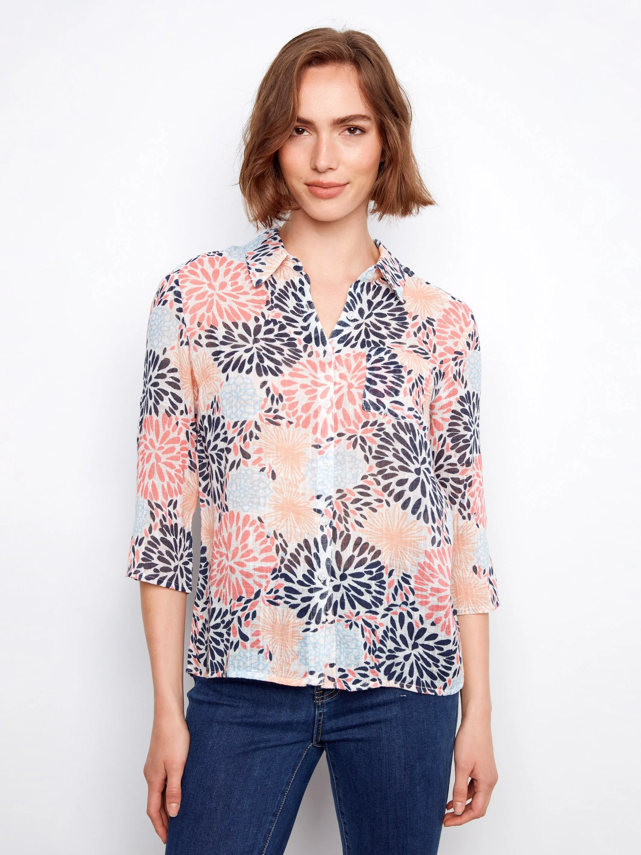 Printed Cotton Gauze Button-Up Shirt - Fireworks sold by Charlie B