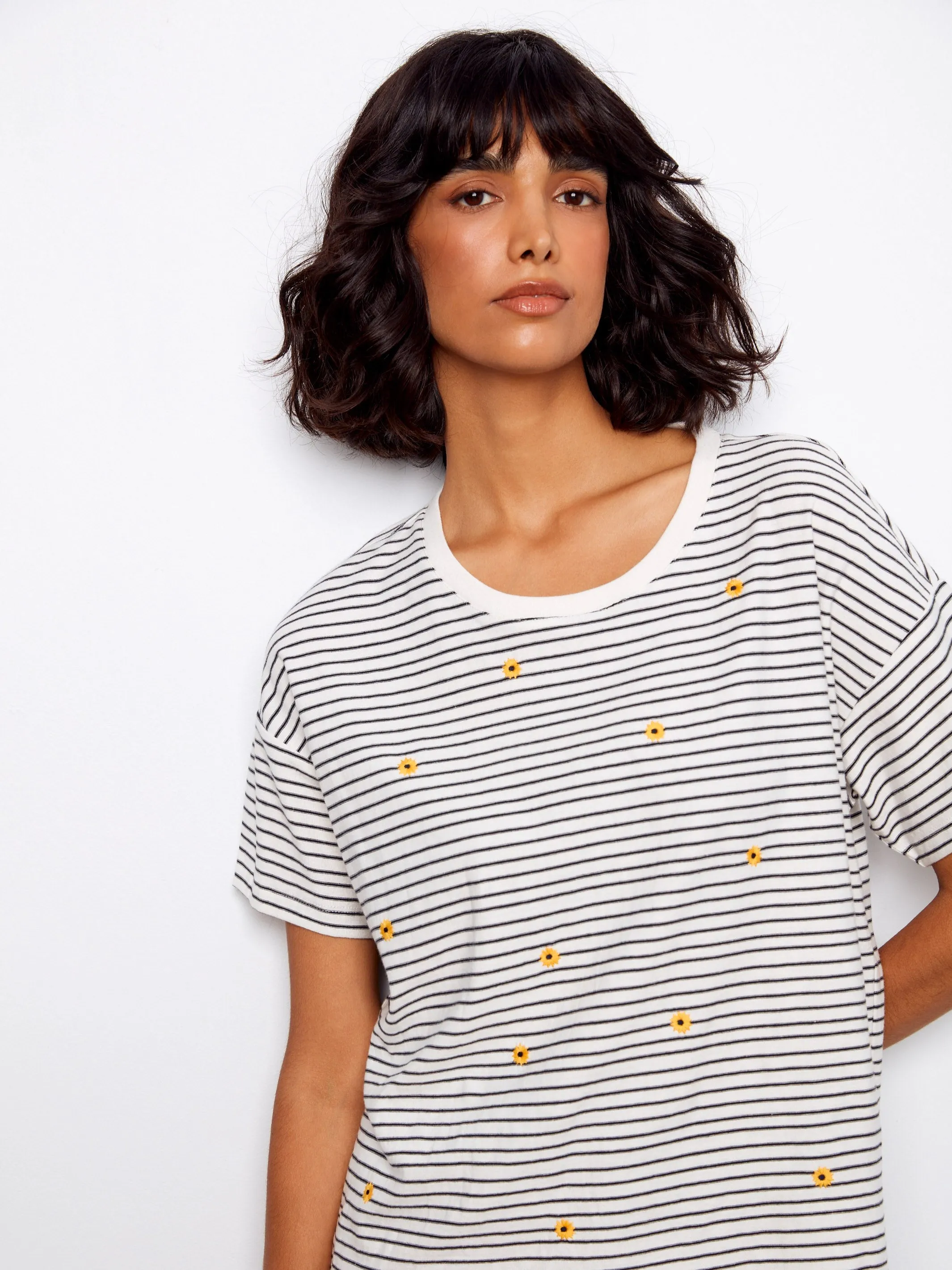 Striped Crew Neck T-Shirt With Floral Embroidery - Navy sold by Charlie B product image thumbnail 3