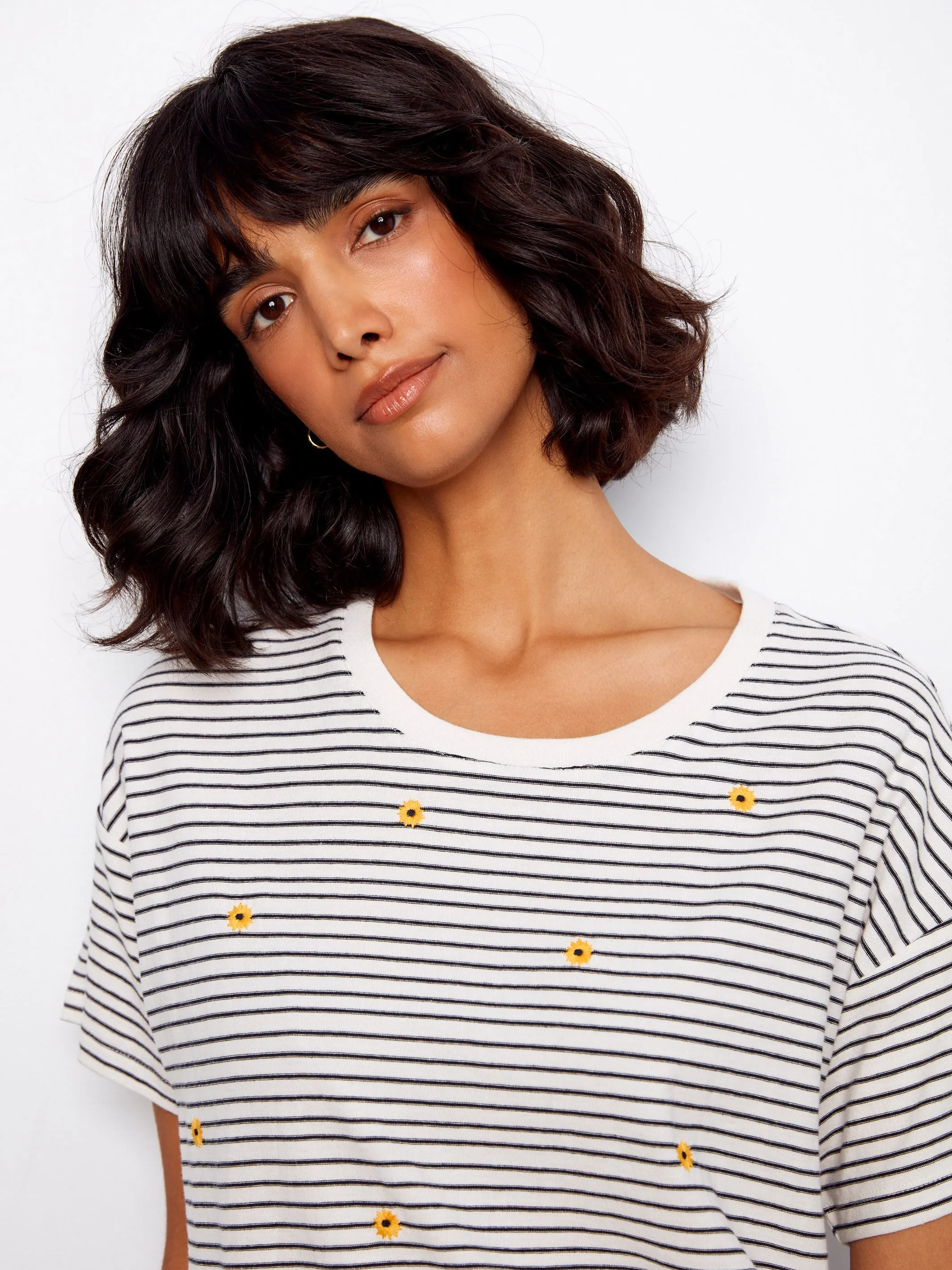 Striped Crew Neck T-Shirt With Floral Embroidery - Navy sold by Charlie B product image thumbnail 4