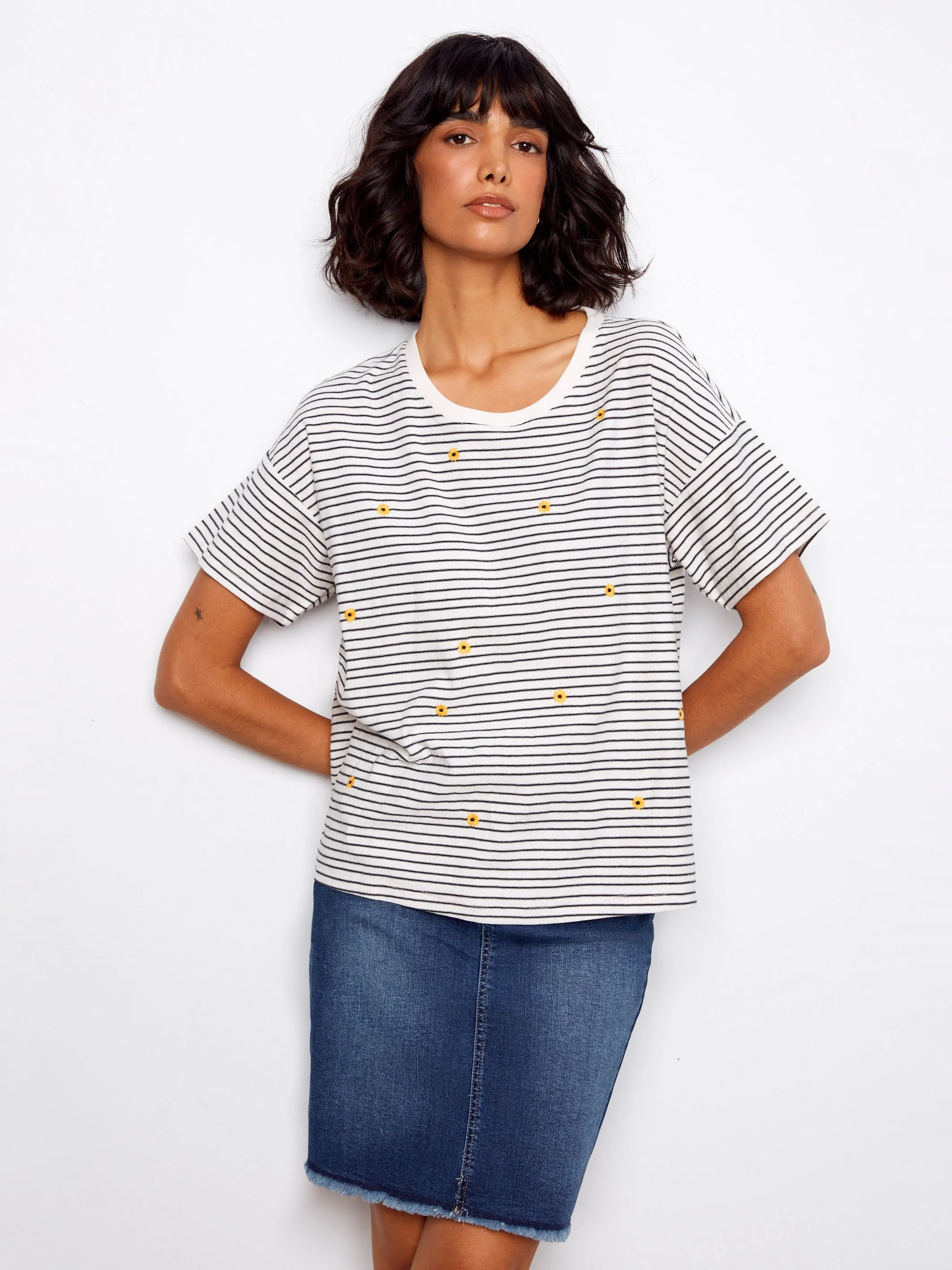 Striped Crew Neck T-Shirt With Floral Embroidery - Navy sold by Charlie B