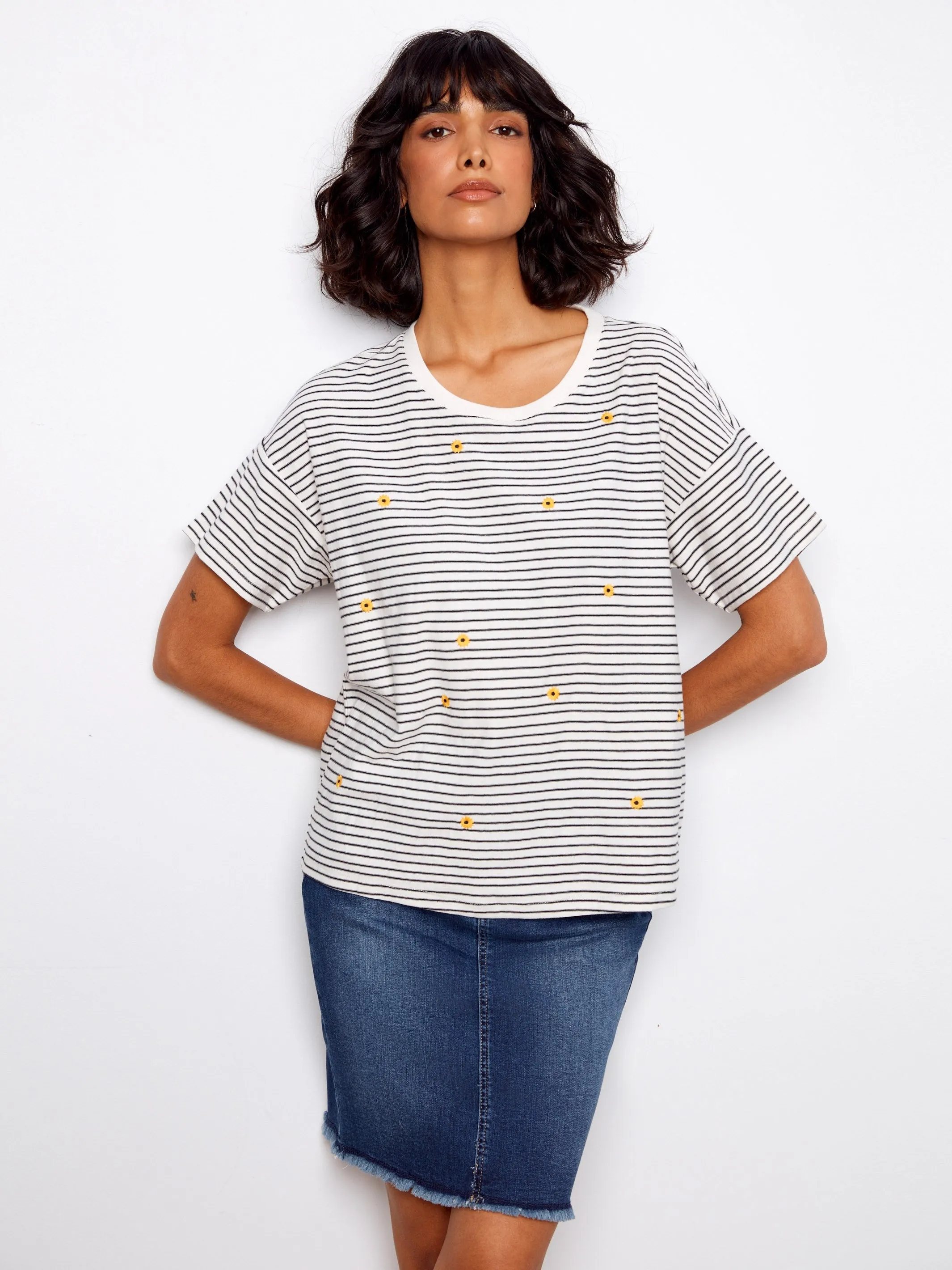 Striped Crew Neck T-Shirt With Floral Embroidery - Navy sold by Charlie B product image thumbnail 5