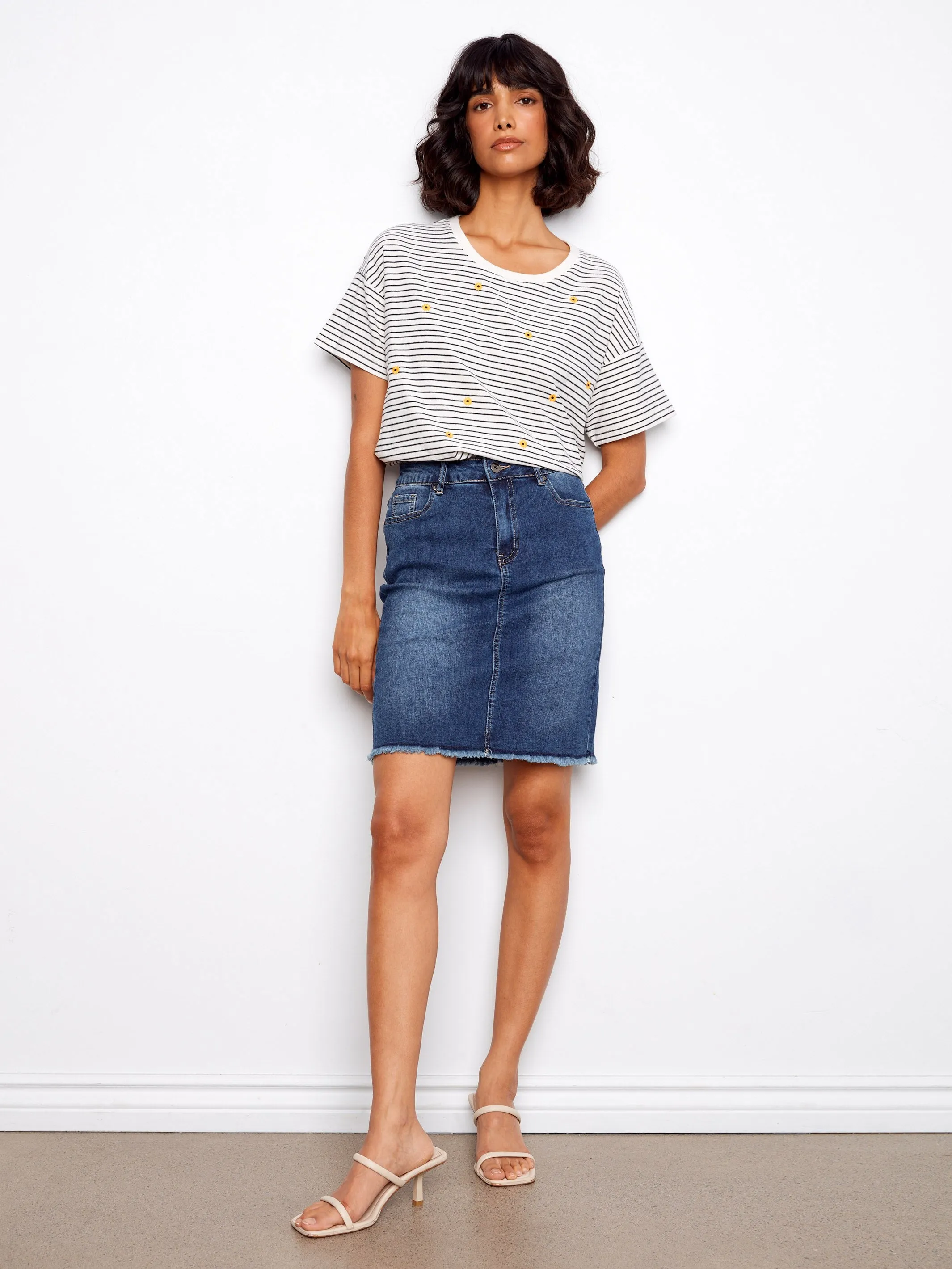 Striped Crew Neck T-Shirt With Floral Embroidery - Navy sold by Charlie B product image thumbnail 2