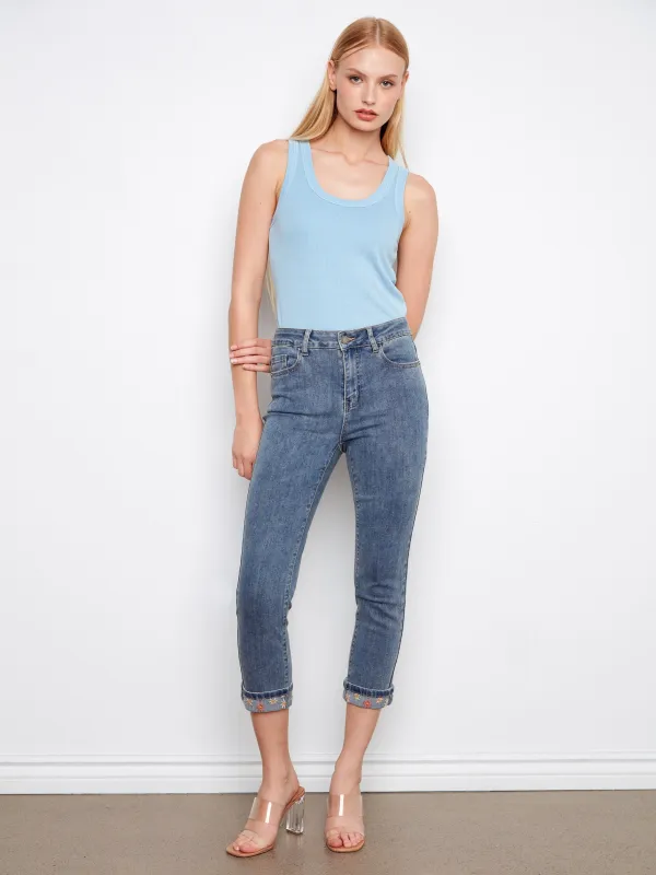 Embroidered Cuff Cropped Slim Leg Jeans - Medium Blue made by Charlie B