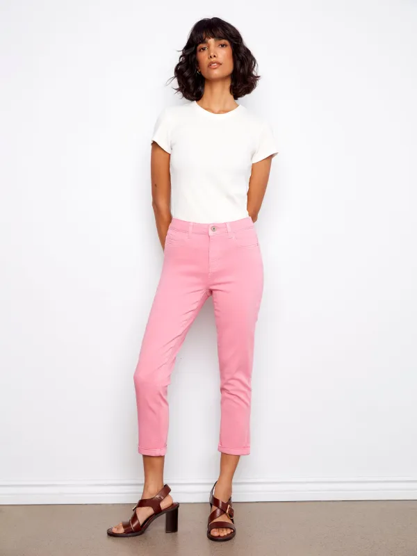 Cuffed Cropped Slim Leg Twill Pants - Candy made by Charlie B
