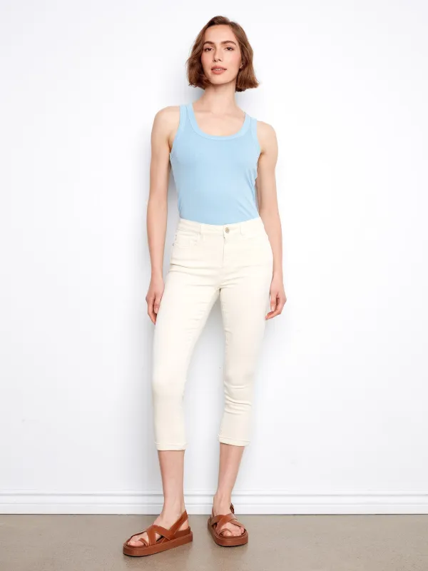 Cuffed Cropped Slim Leg Twill Pants - Natural made by Charlie B