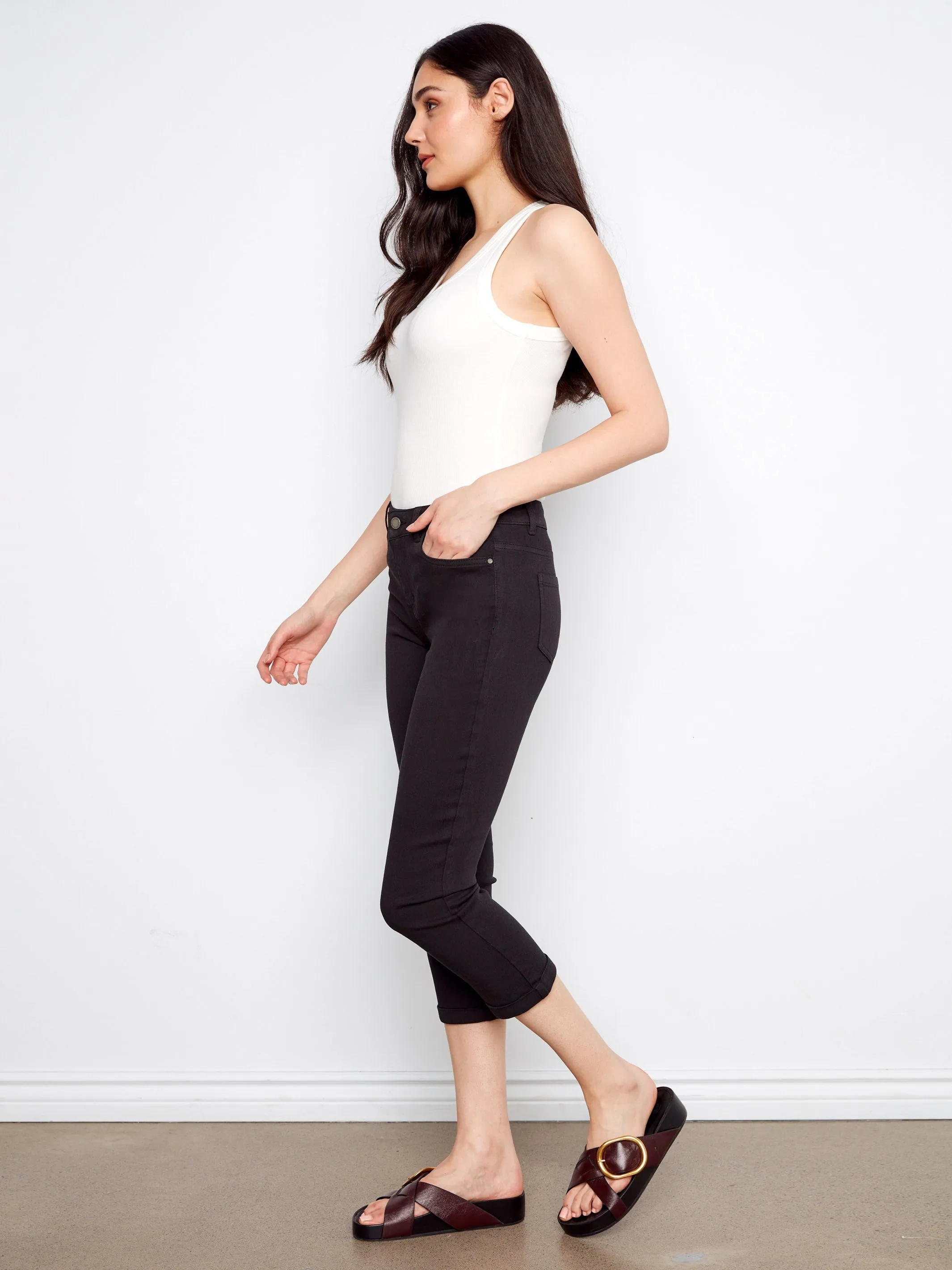 Cuffed Cropped Slim Leg Twill Pants - Black sold by Charlie B product image thumbnail 3