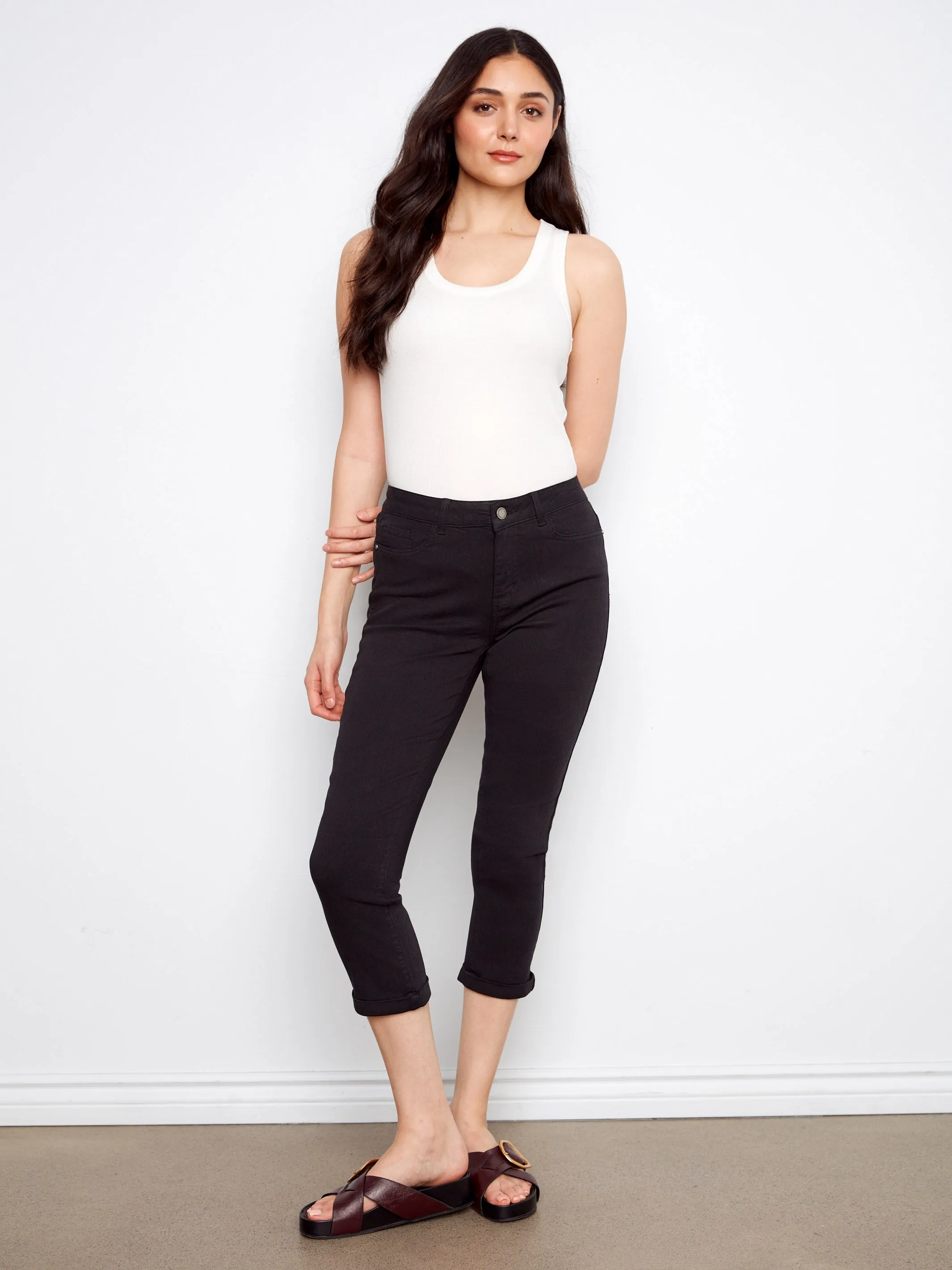 Cuffed Cropped Slim Leg Twill Pants - Black sold by Charlie B product image thumbnail 4