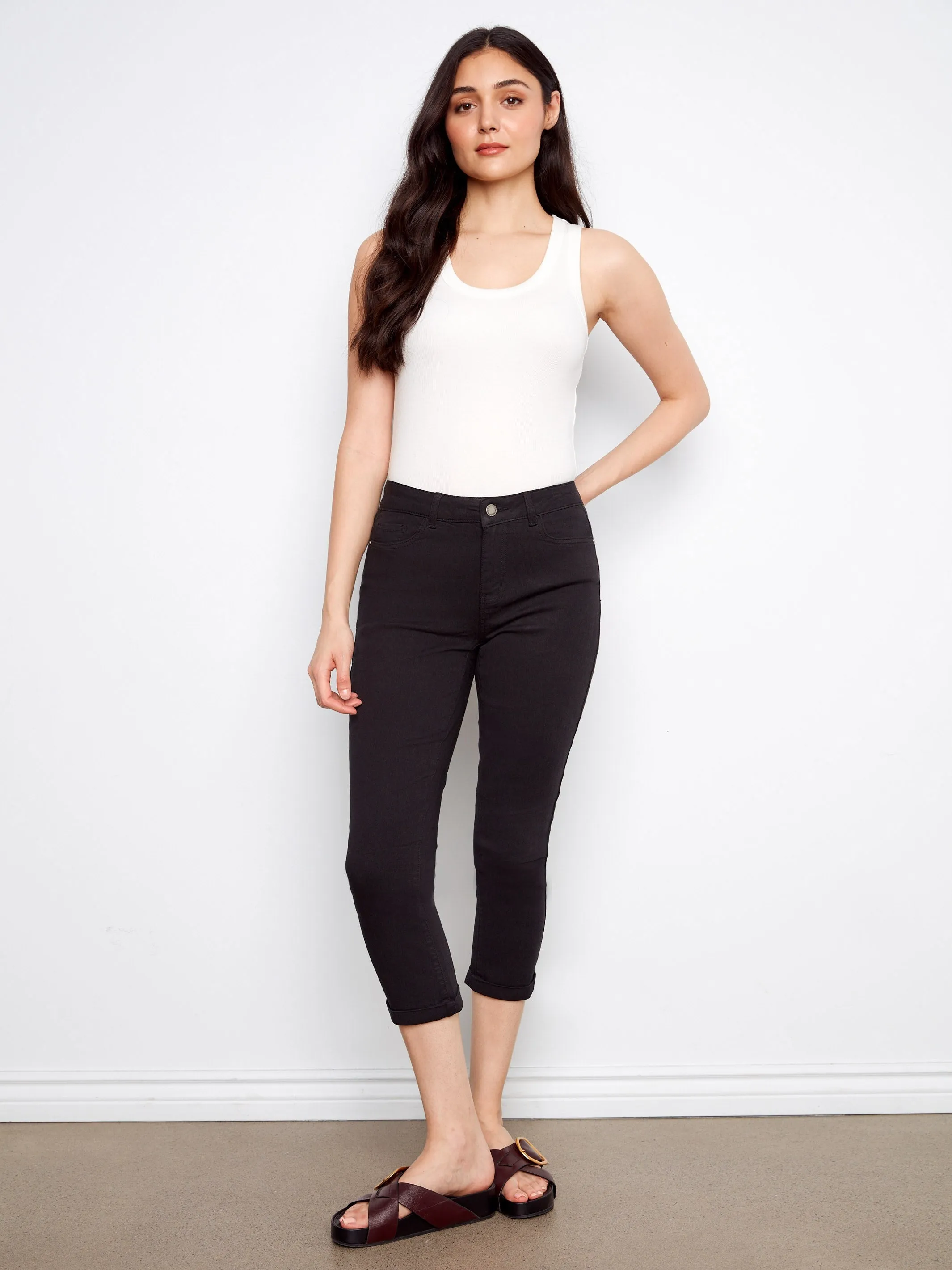Cuffed Cropped Slim Leg Twill Pants - Black sold by Charlie B