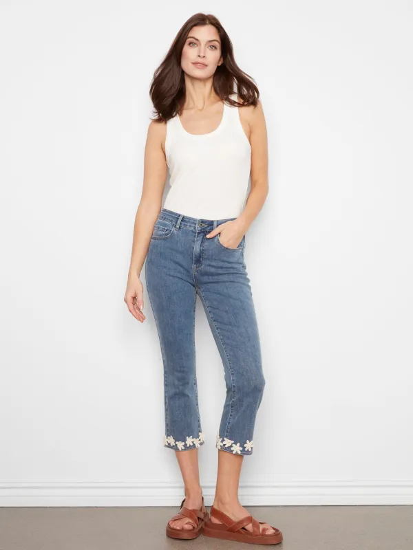 Cropped Flare Jeans With Floral Hem - Medium Blue made by Charlie B