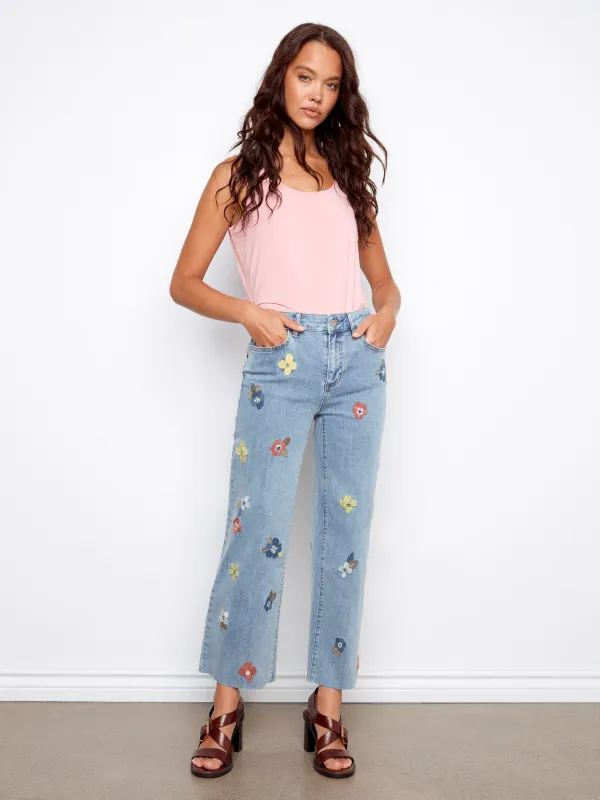 Floral Embroidered Wide Leg Jeans - Light Blue made by Charlie B
