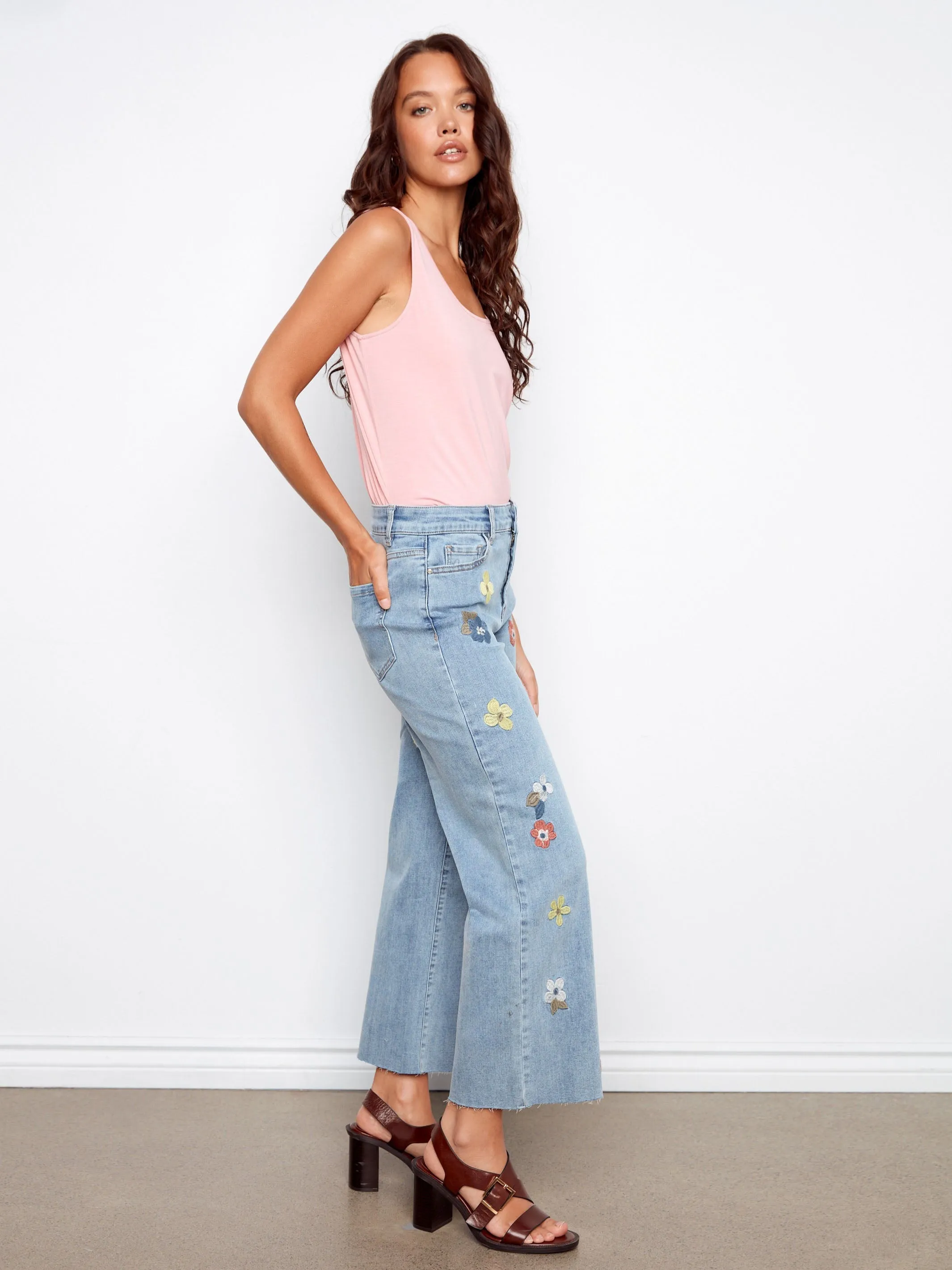 Floral Embroidered Wide Leg Jeans - Light Blue sold by Charlie B product image thumbnail 3