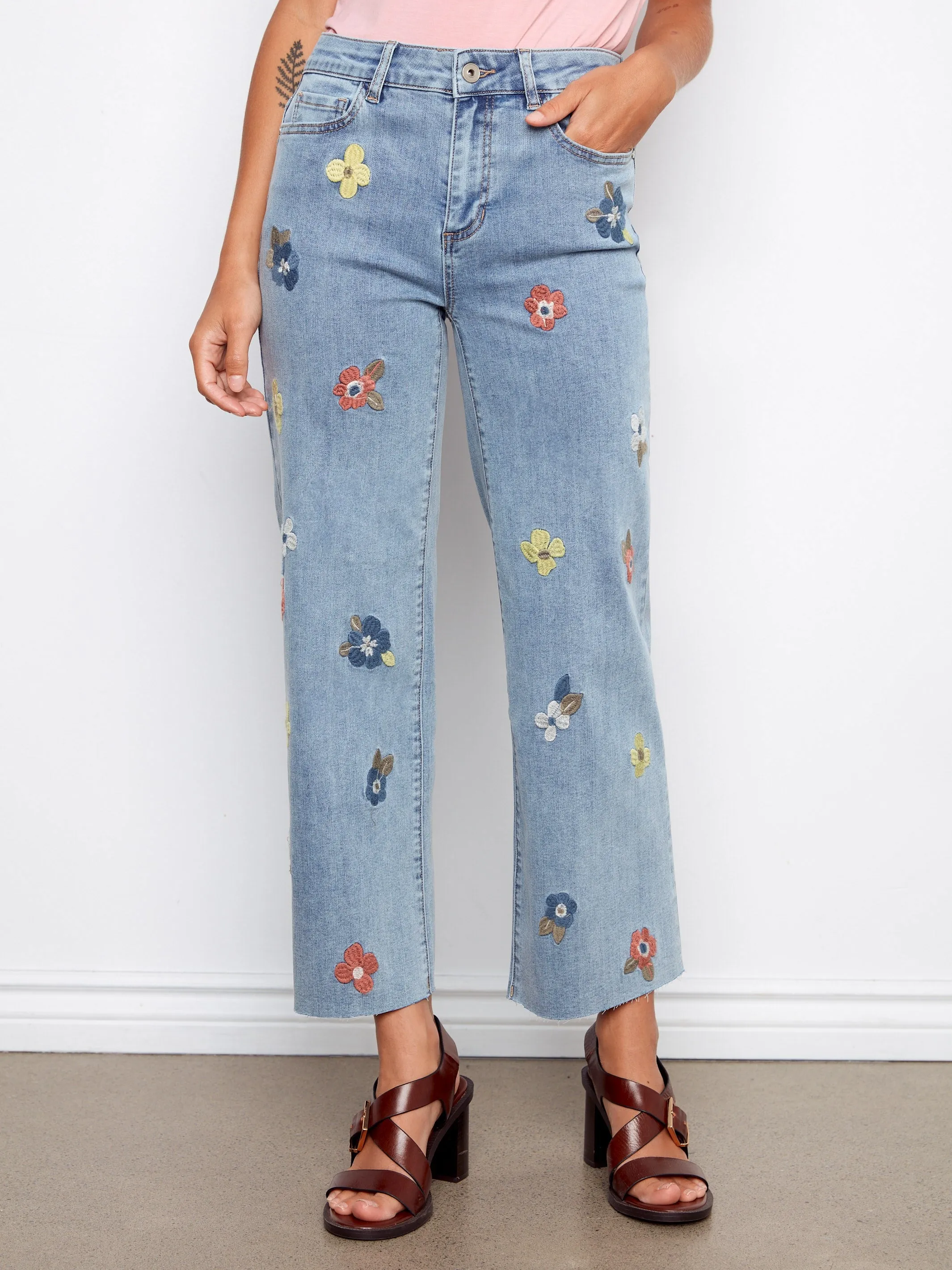 Floral Embroidered Wide Leg Jeans - Light Blue sold by Charlie B product image thumbnail 2