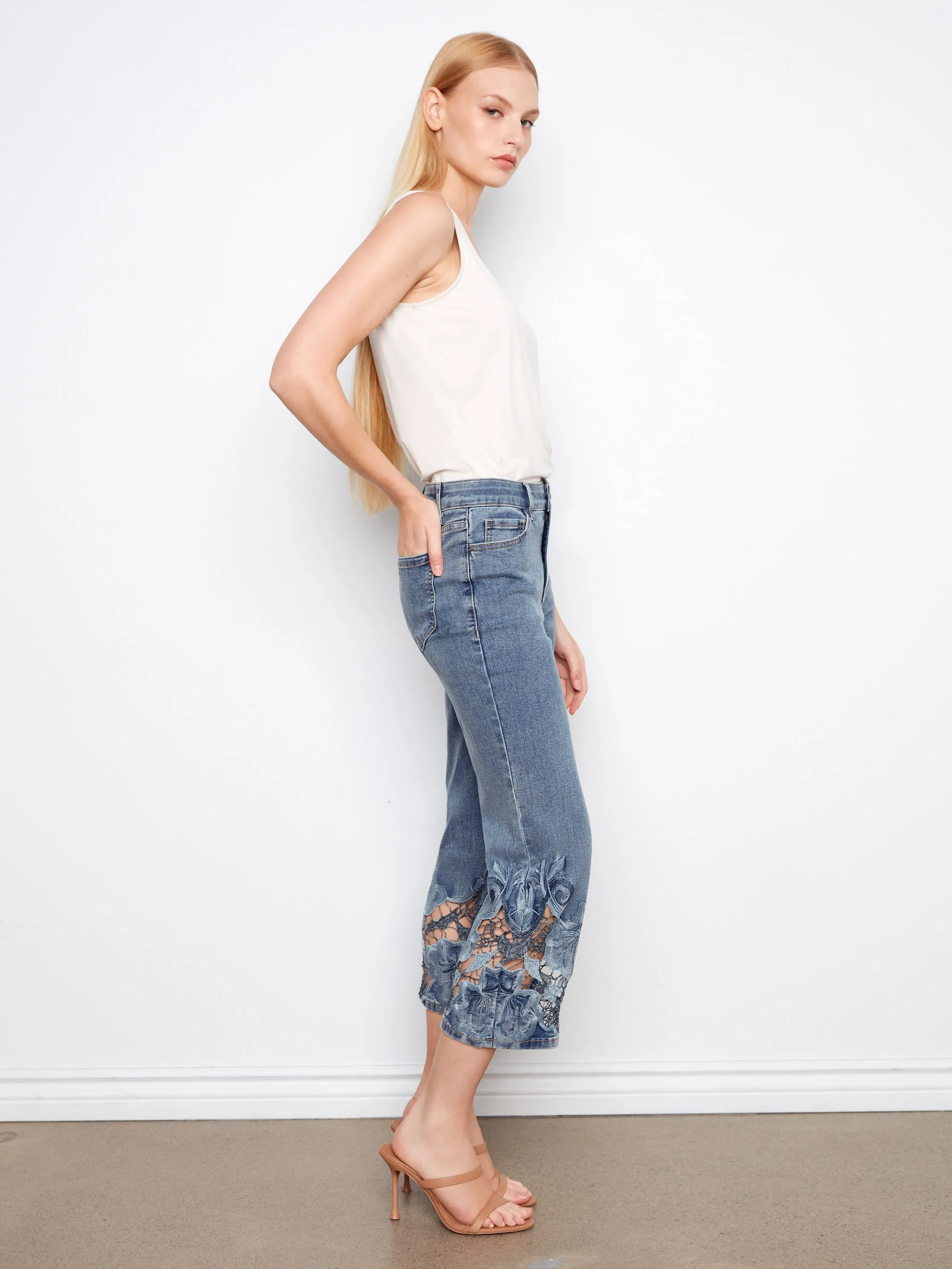 Cropped Embroidered Flare Jeans - Medium Blue sold by Charlie B product image thumbnail 3