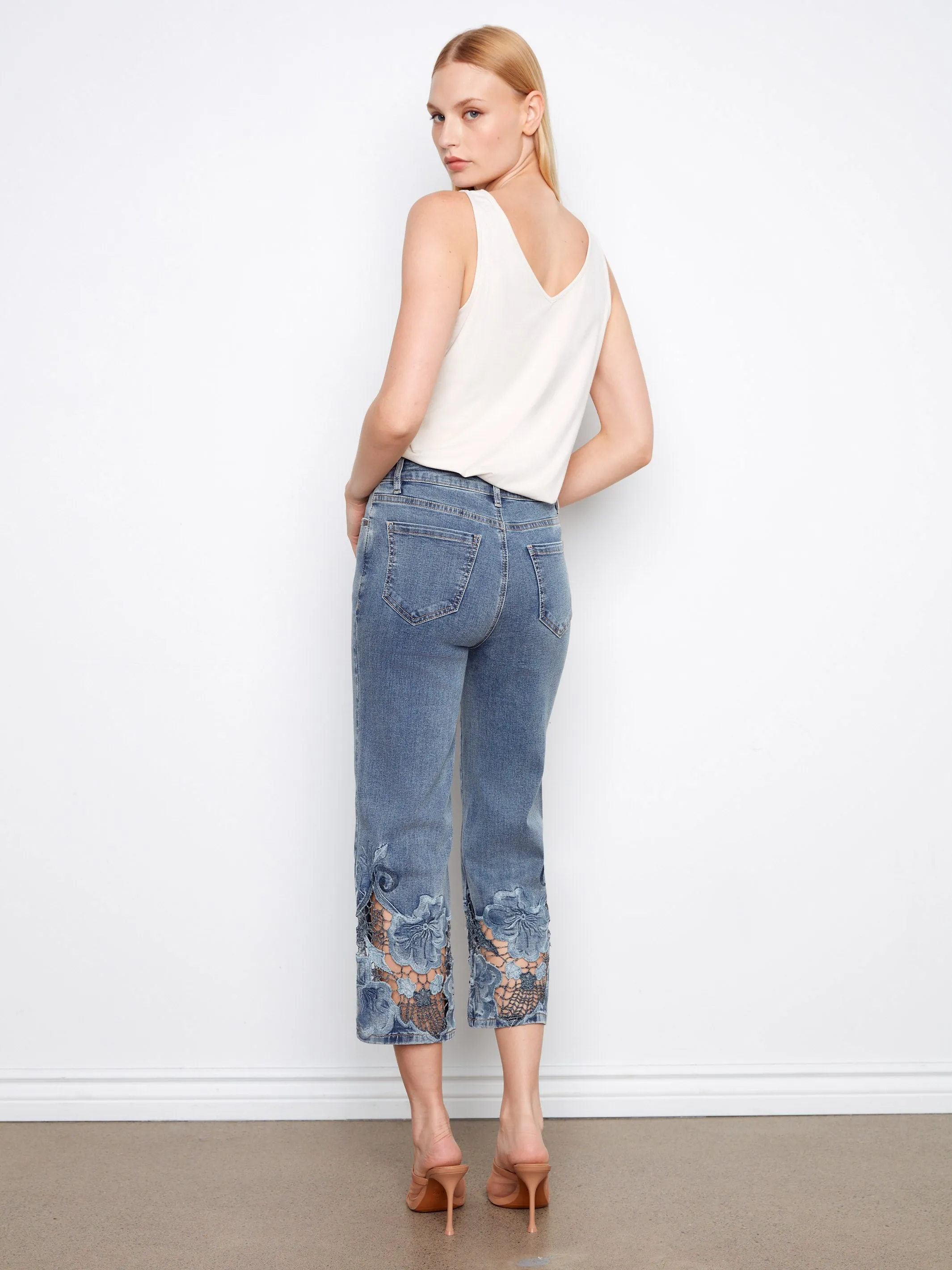 Cropped Embroidered Flare Jeans - Medium Blue sold by Charlie B product image thumbnail 4