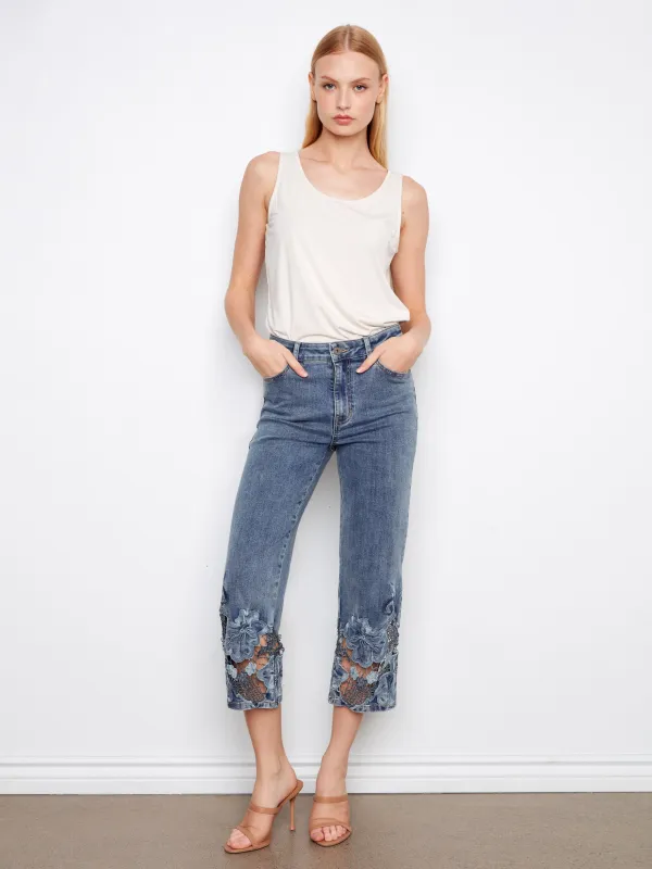 Cropped Embroidered Flare Jeans - Medium Blue made by Charlie B