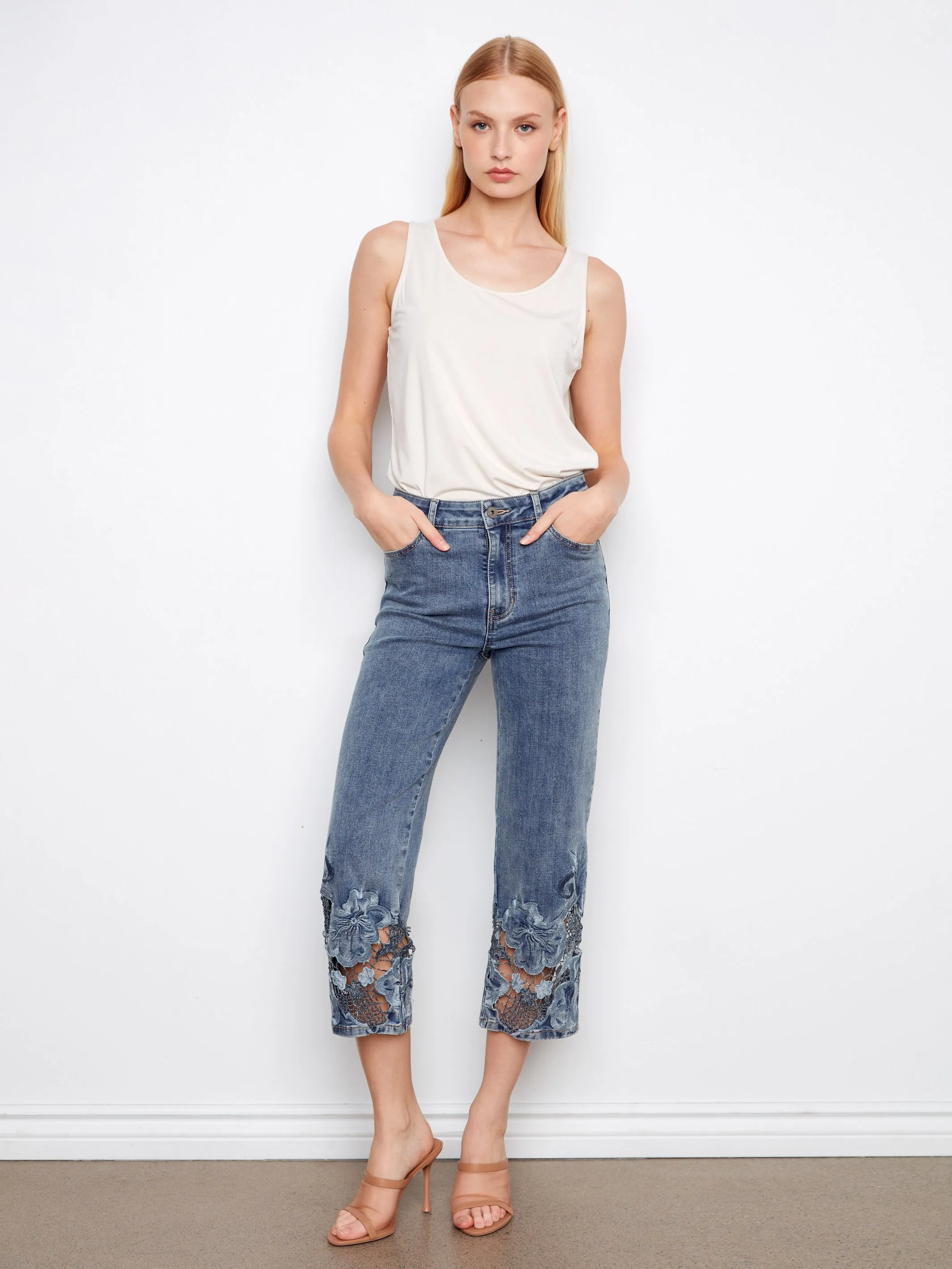 Cropped Embroidered Flare Jeans - Medium Blue sold by Charlie B