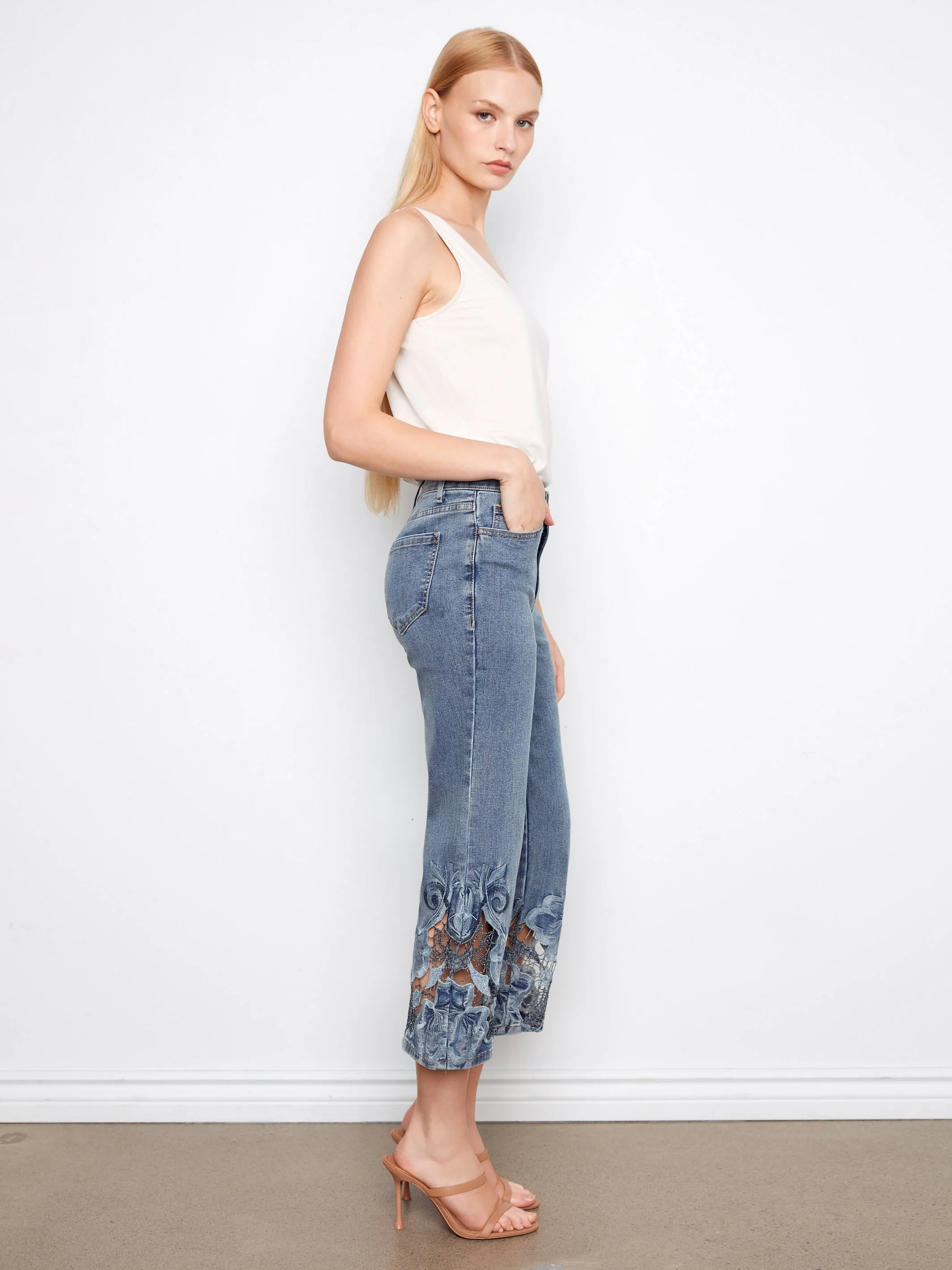 Cropped Embroidered Flare Jeans - Medium Blue sold by Charlie B product image thumbnail 5