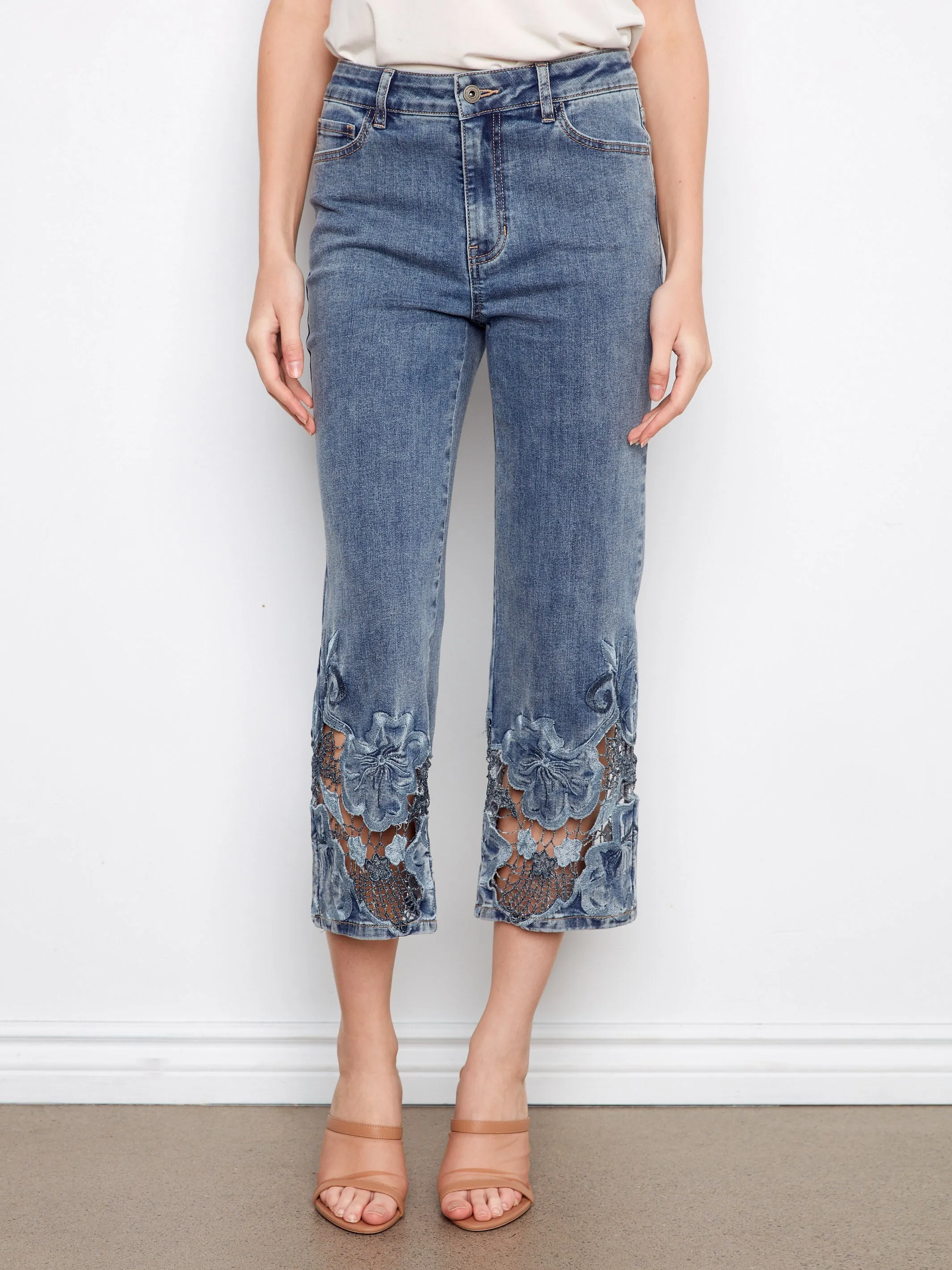 Cropped Embroidered Flare Jeans - Medium Blue sold by Charlie B product image thumbnail 2
