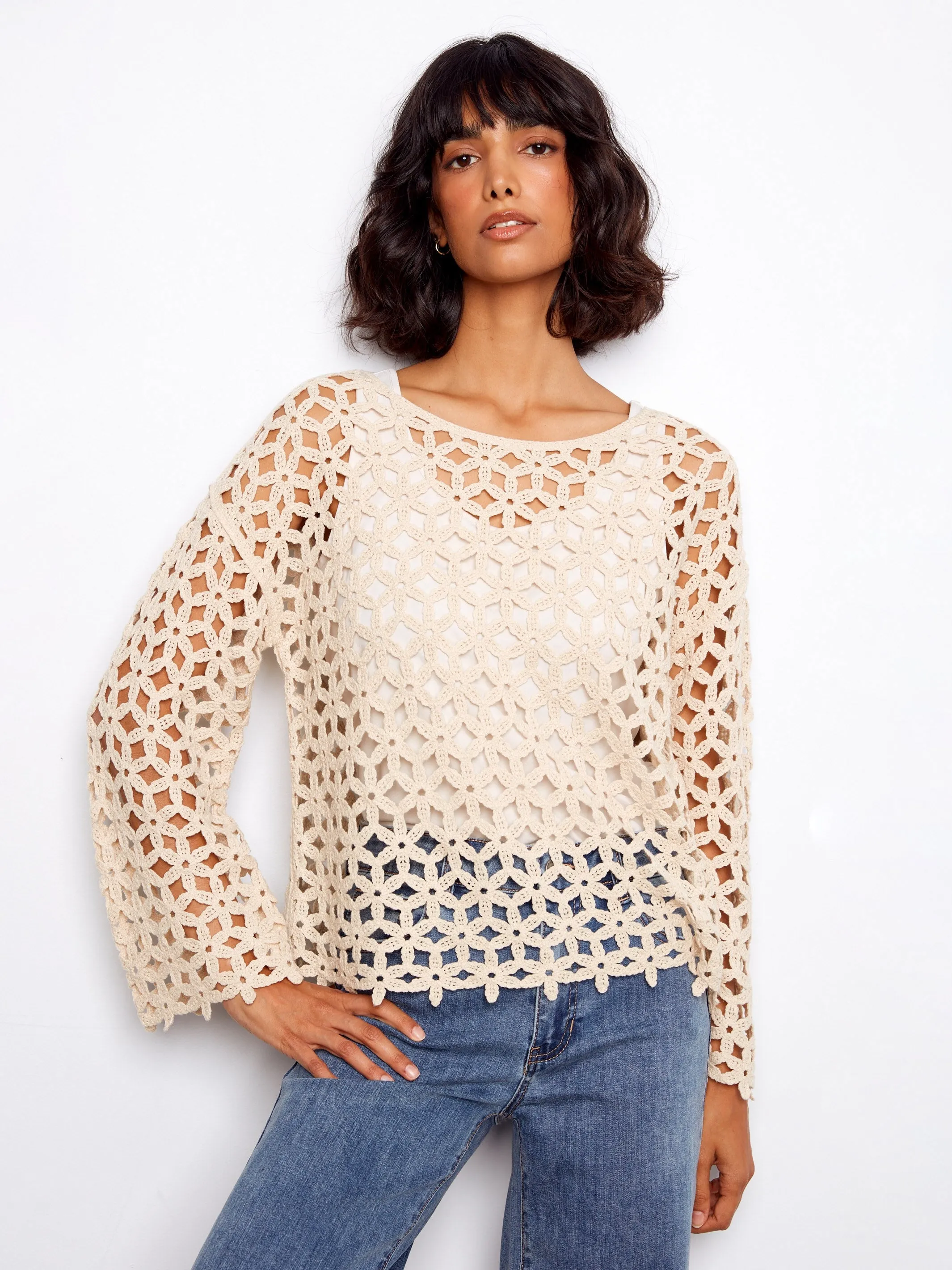 Cotton Blend Crochet Flower Top - Natural sold by Charlie B