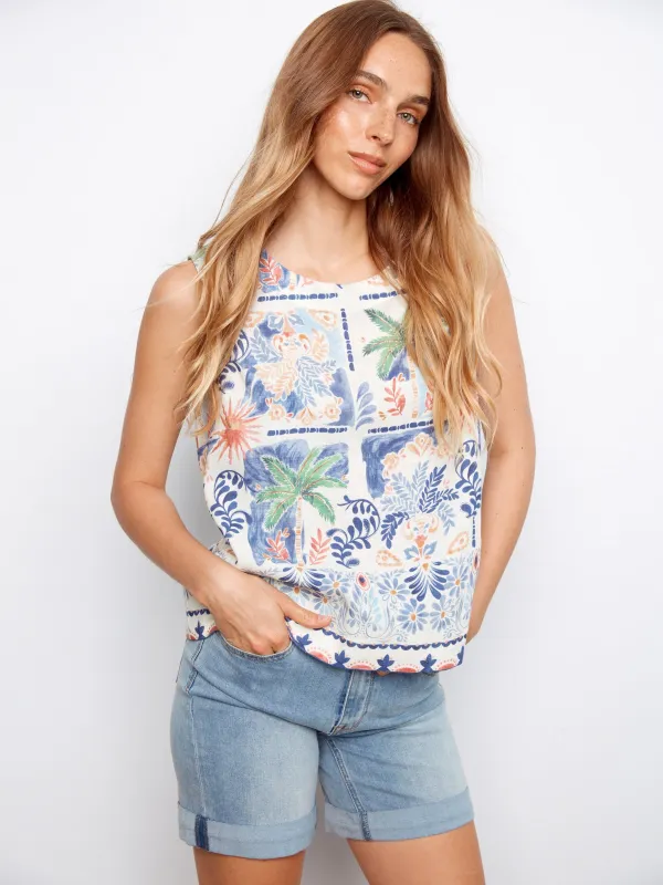 Printed Linen Blend Blouse With Back Button Detail - Island sold by Charlie B