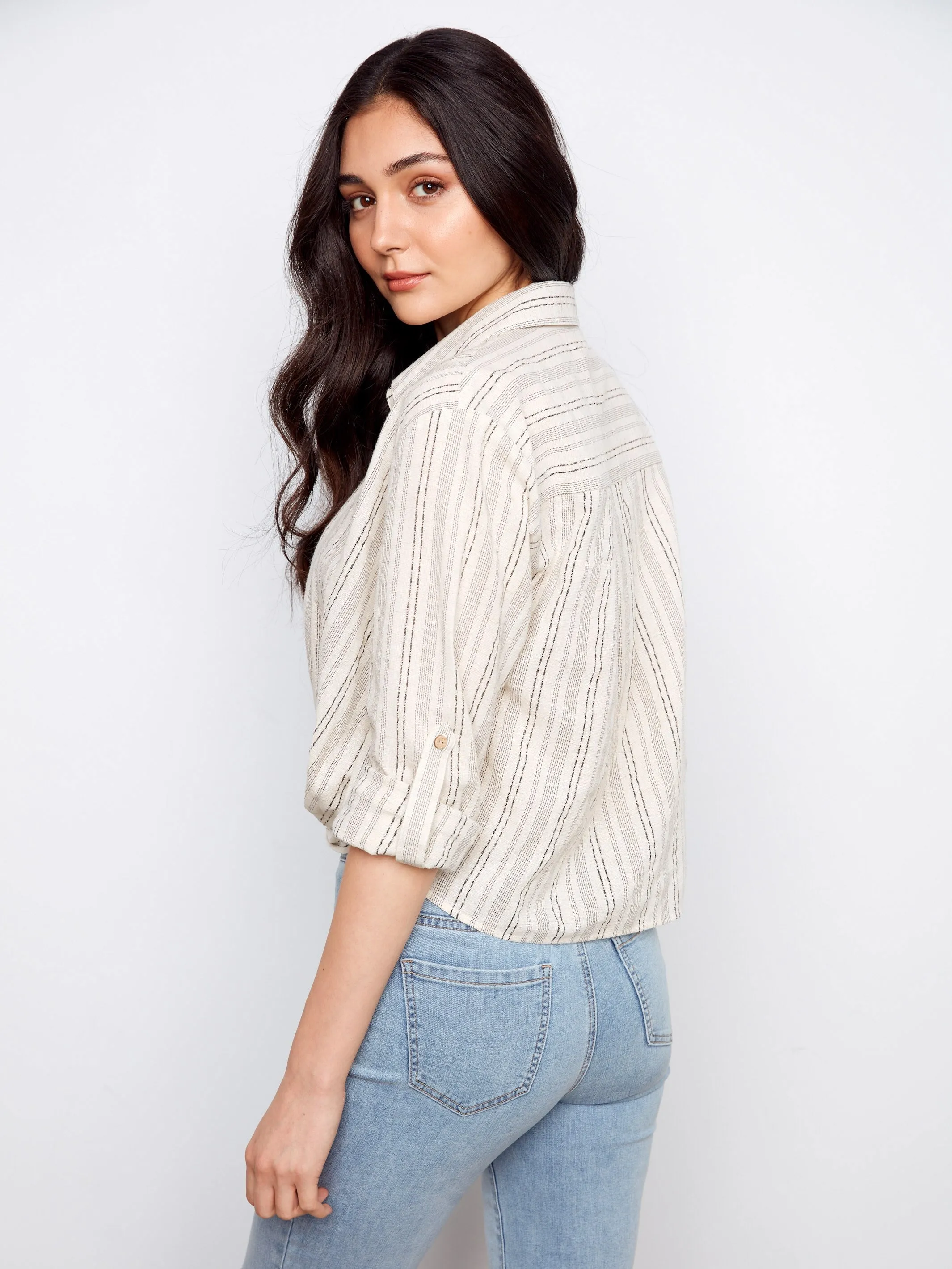 Striped Cotton-Linen Blend Shirt With Front Twist - Fog sold by Charlie B product image thumbnail 4